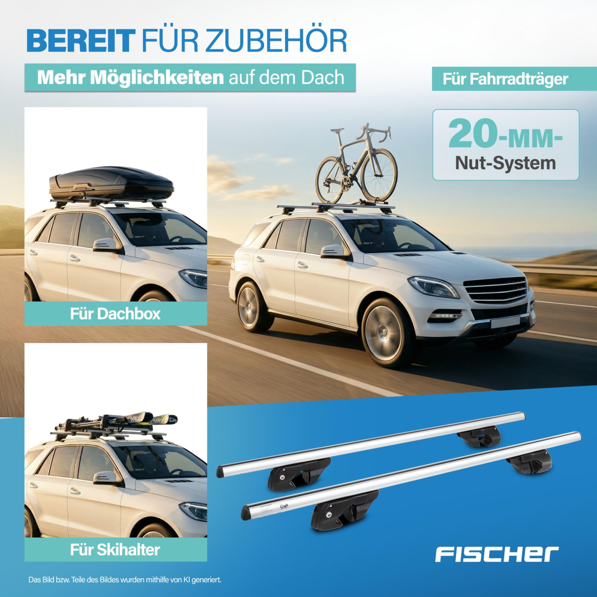 FISCHER Relingträger Topline L, für Fahrradträger, Dachboxen oder als Skihalter, für offene Dachrelinge, Aluminium, Tragkraft 90 kg, vormontiert, inklusive Schloss, Barrenstärke 45 x 28 mm, Barrenlänge 120 cm