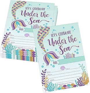 25 Mermaid Under the Sea, Girls Magical Pool Themed Kids Birthday Party Invitation Supplies, Faux Glitter Aqua Beach Ocean Invite Idea, Baby Shower or Bday Decoration Cards, First Printable Template