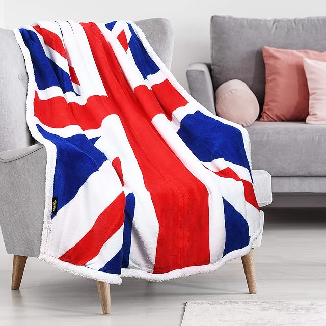 Union Jack Flag Blanket Fleece Sherpa Sofa Throw, UK Great British Flag Cover for Couch Cozy Soft Plush Patriotic Blanket Warm Single Bed England Throw 150 x 130 cm