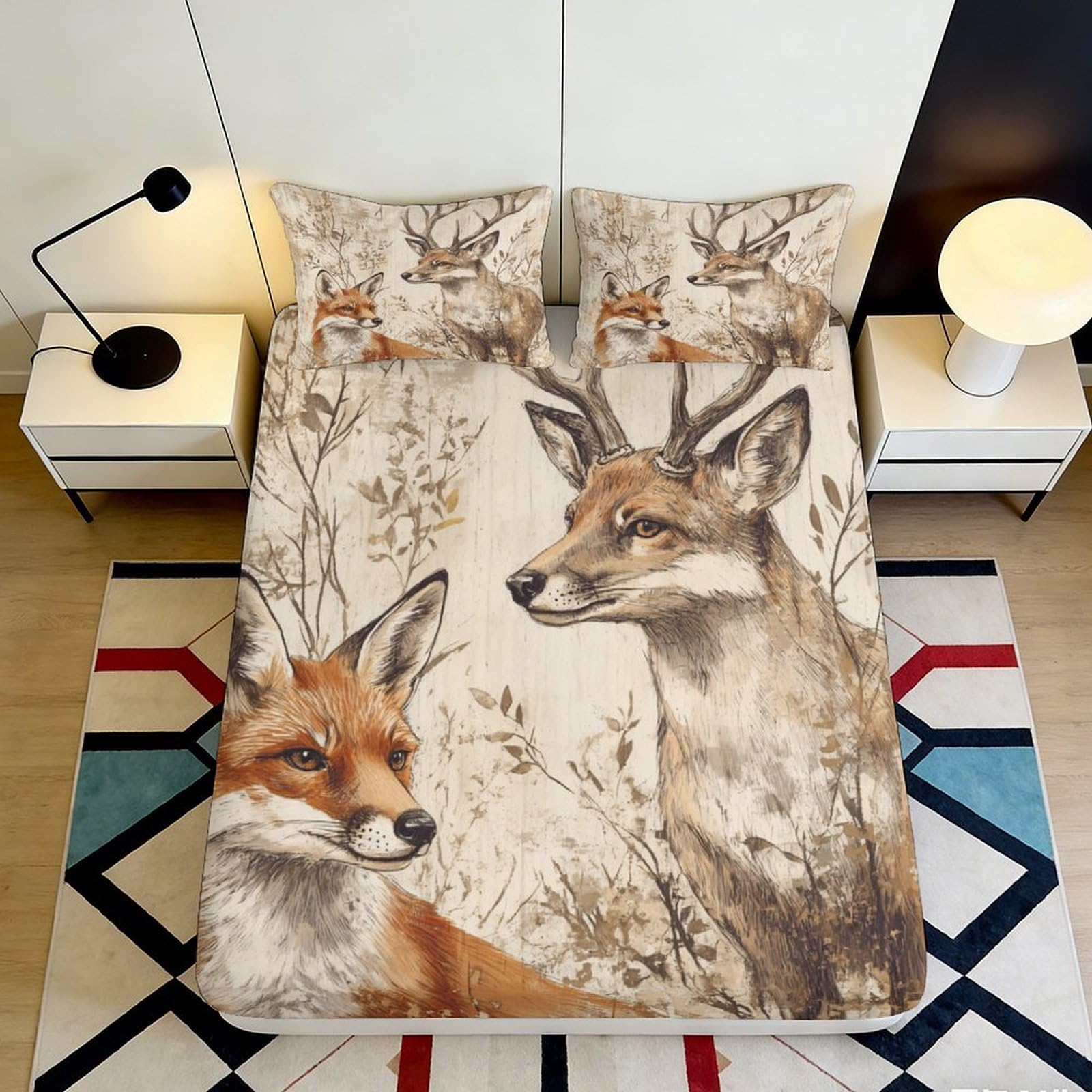 3D Printed Woodland Fox Fitted Sheet Microfiber Soft Breathable Deer Mattress Cover for Bedroom Dorm Decor 180x200x25cm