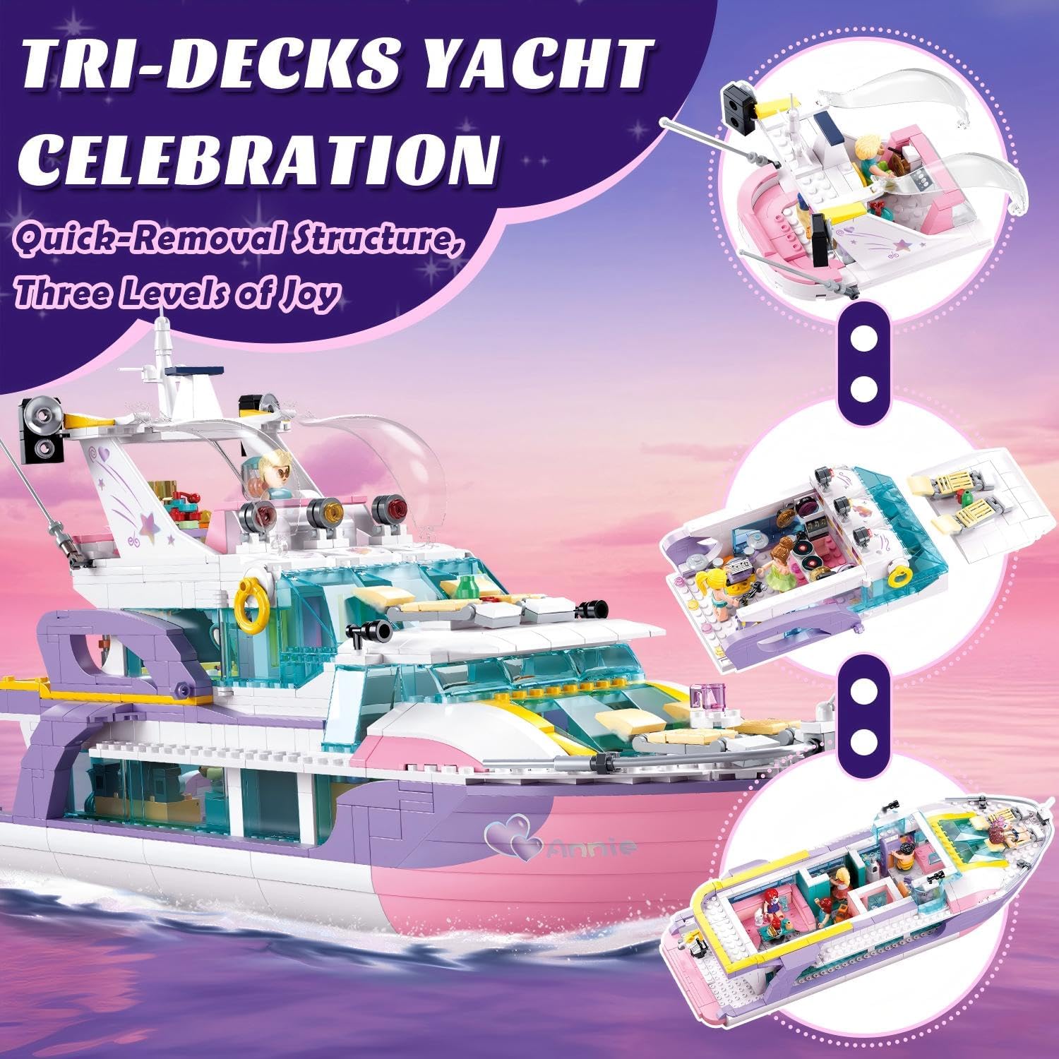 Pink Yacht Building Set for Girls 8-12, Cruise Ship Building Toys with 8 Minifigures & 2 Boats, Compatible with Lego Friends Sets for Girls 8-12, 1108 PCS