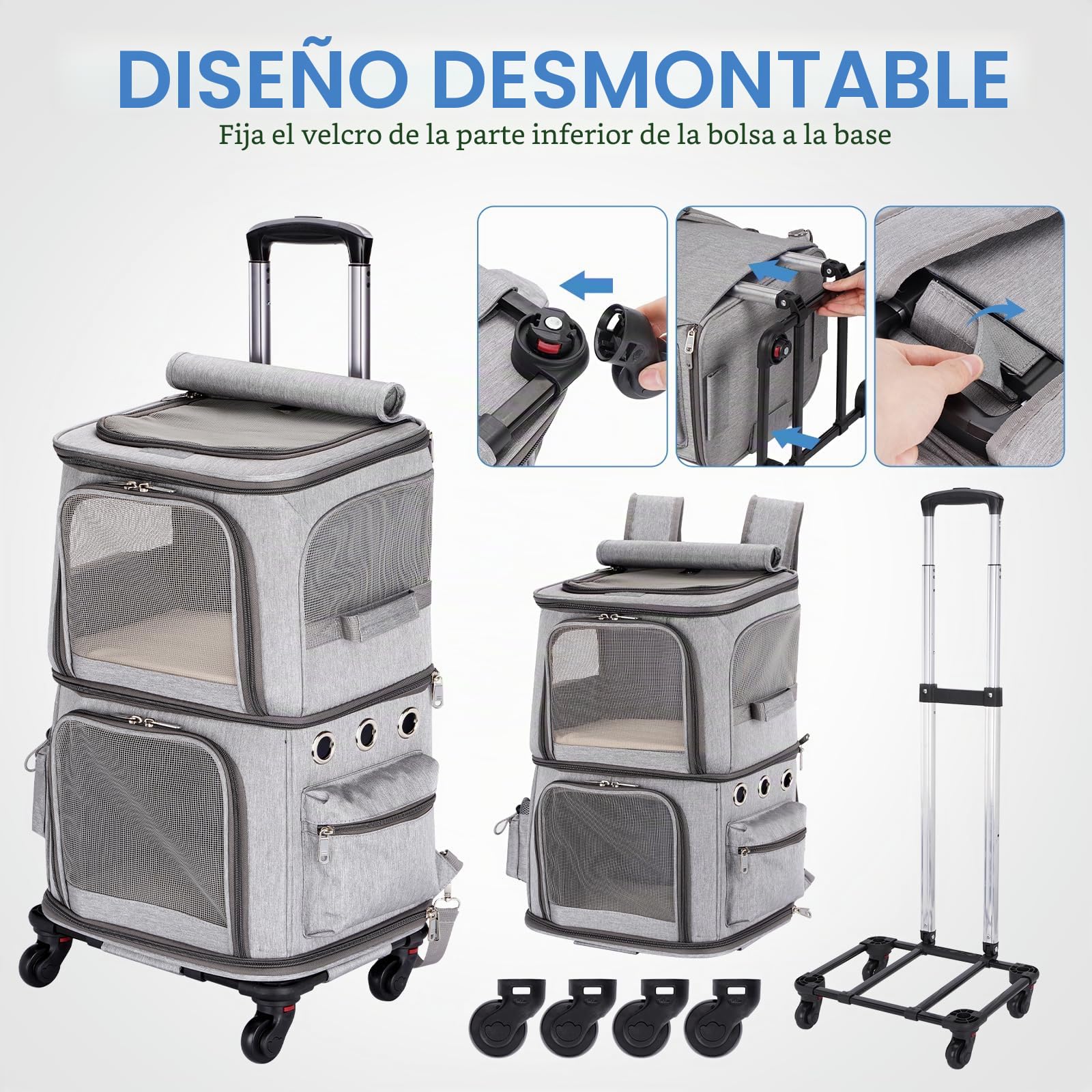 Mochila para 2 Gatos Transportín para 2 Perros Pequeños con Trolley Desmontable y Ruedas, Diseño 2 en 1 de Doble Capa, hasta 12 kg de Capacidad, Gris, XL