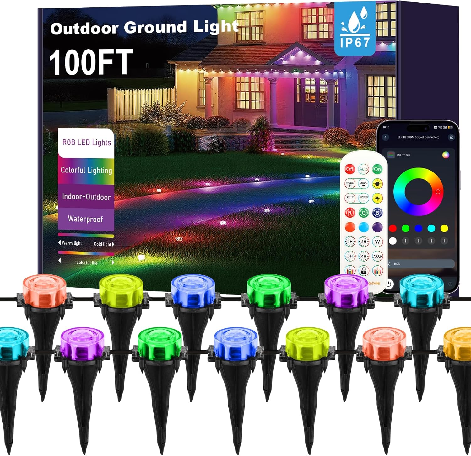 Outdoor Ground Lights, 100FT Smart RGB Pathway Lights with APP/Remote Control, Music Sync, Timer Function, IP67 Waterproof Wired Color-Changing Pathway Light for Garden, Courtyard, Lawn and Parties