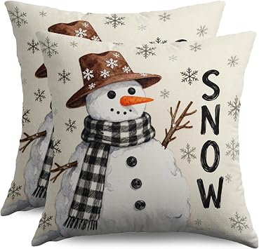 Winter Snowman Pillow Covers 18X18 Set of 2, Black White Brown Snowflake Snow Print Christmas Holiday Throw Pillowcases Decorative Outdoor Farmhouse Seasonal Cushion Cases Couch Sofa Bed Decor
