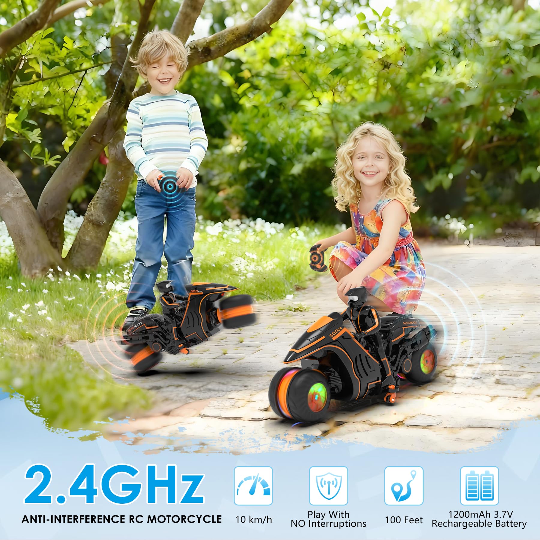 Motocicleta de control remoto con luces RGB y deslizamiento lateral exclusivo | Listo para jugar con 2 baterías | Bicicleta de acrobacias RC de 2.4 GHz Regalo para niños de 5 a 12 años 7