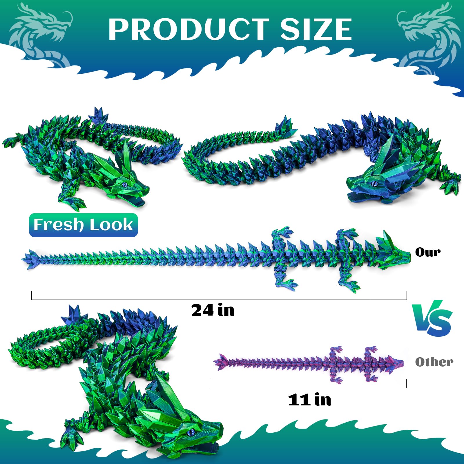 3D Printed Dragon Toys with Eyes, 24 inches Dazzling Gradient Crystal Wyrm, Bendable and Flexible Big Fidget - Image 3