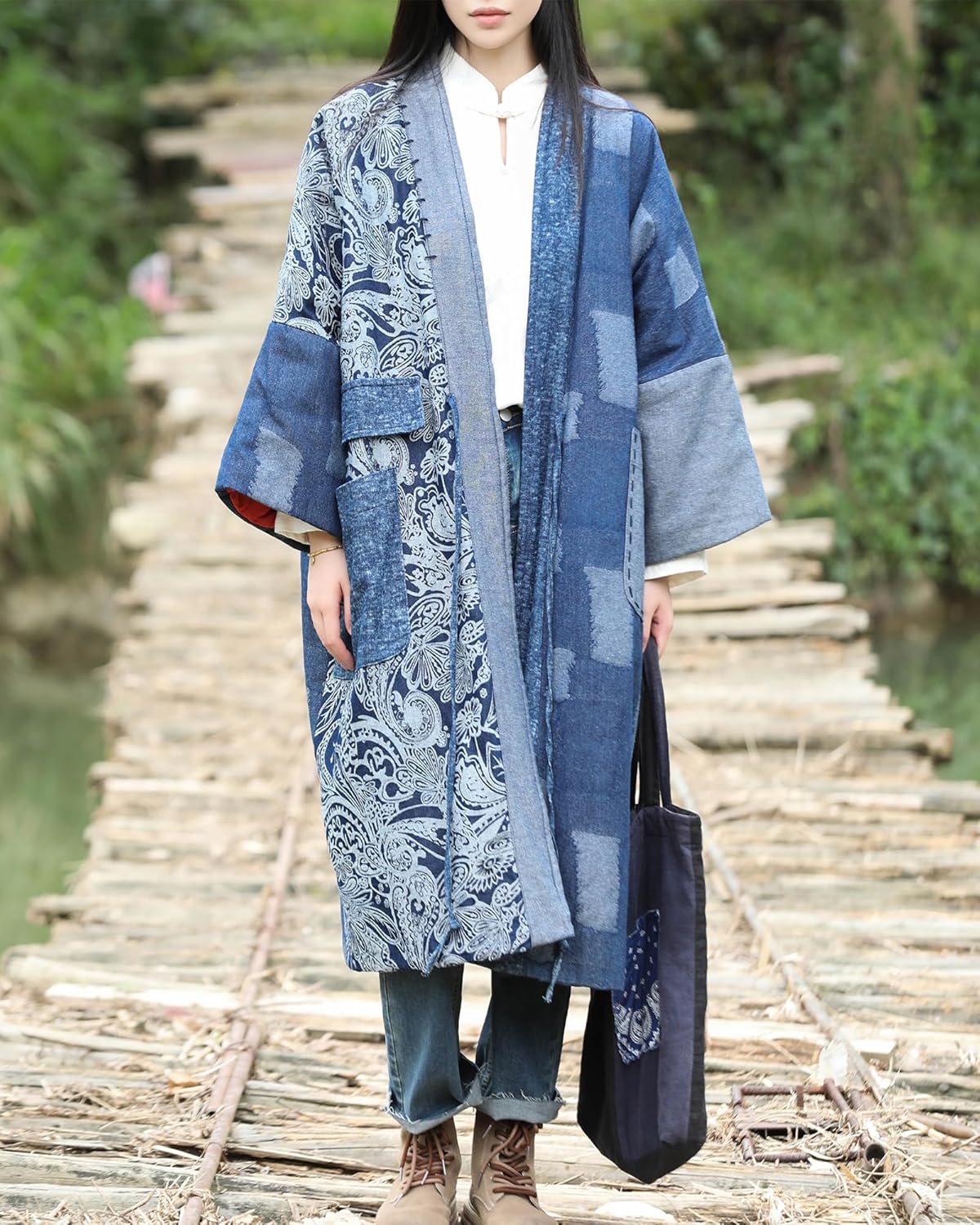 Women's Patchwork Kimono Cardigan Coat Boho Cotton-Lined Long Open Front Coat with Pockets, Loose Fit Vintage Denim Outerwea