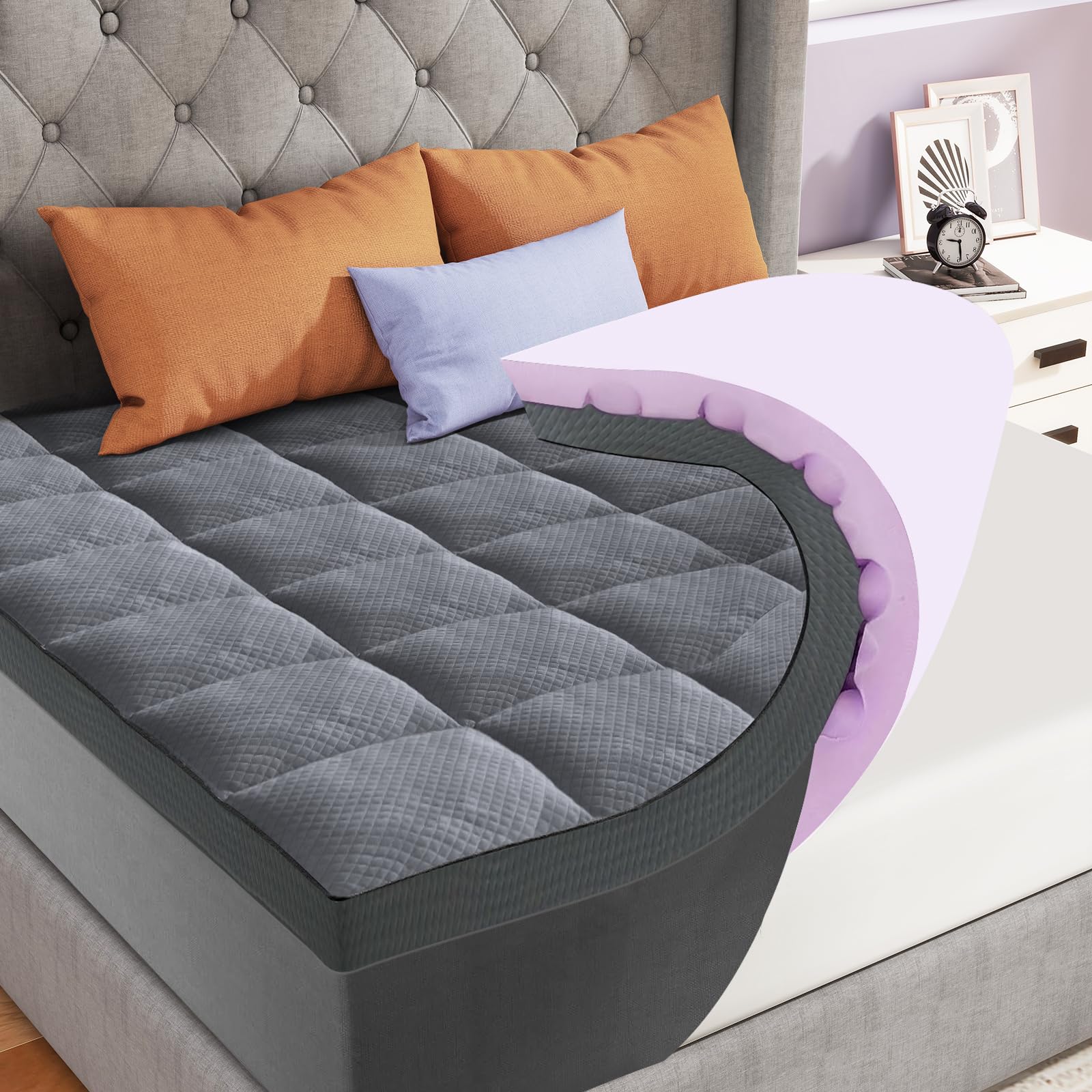 4 Inch Dual Layer Mattress Topper King, 2 Inch 7-Zone Egg Crate Memory Foam Plus 2 Inch Cooling Pillow Top Mattress Pad with 8-21 Inch Deep Pocket, Targeted Support, Pressure Relief, Grey