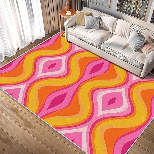 Alfombras retro onduladas para sala de estar, alfombra de dormitorio de 5 x 5 pies, alfombra de dormitorio rosa, amarillo y naranja, alfombra de