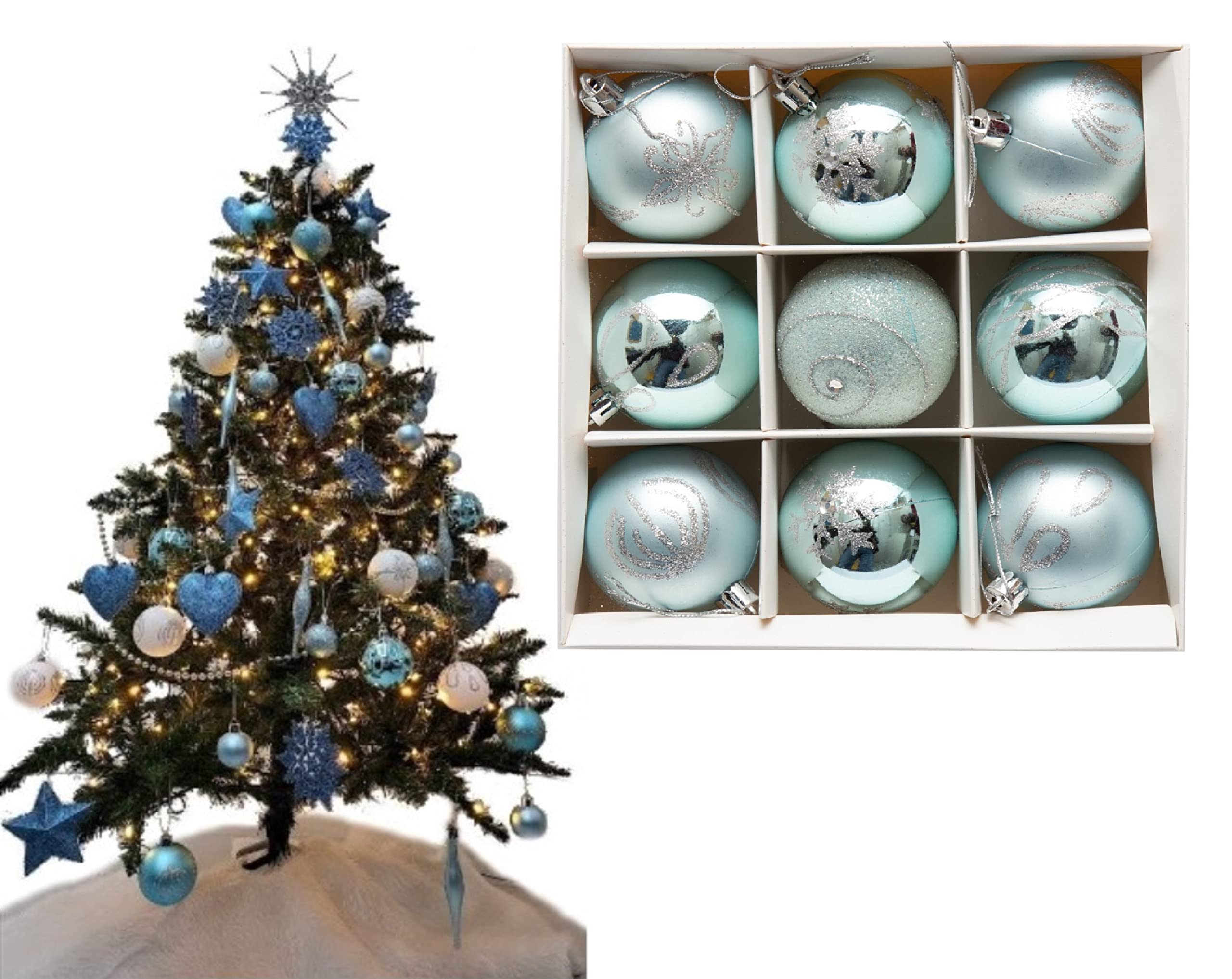 9pc Luxury Premium Baubles, Christmas Tree Bauble Decorations Matte, Glitter, shiny & Frosted (6cm) (Ice Blue)