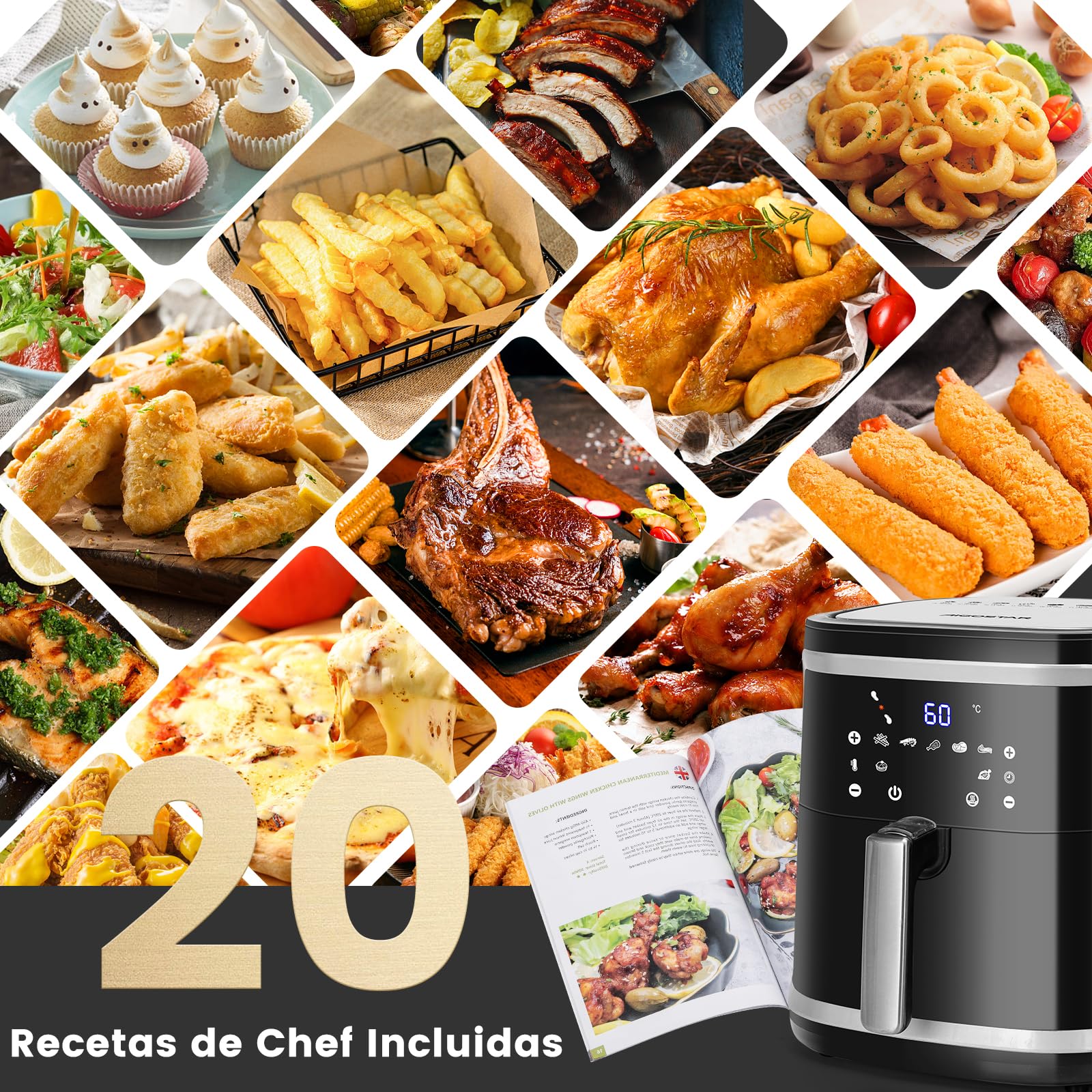 Aigostar Cube Pro - Freidora de Aire 1900W, 7L - Tecnología de Circulación de Aire 360°, Freidora Sin Aceite Eléctrica, Horno de Aire Caliente, 80-200ºC, Panel LED Táctil, Eficiencia Energética