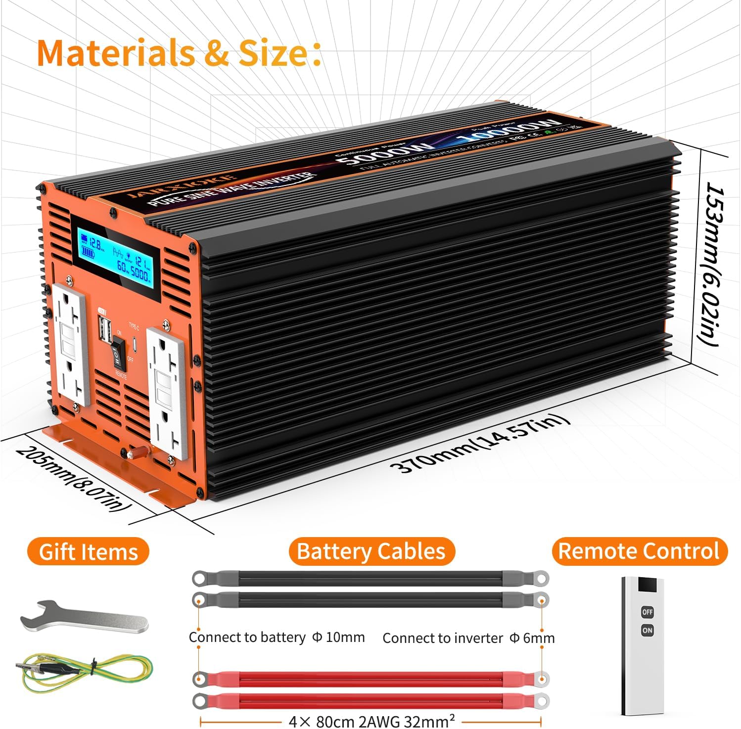 5000W Pure Sine Wave Power Inverter 12V DC to 110V 120V Converter for Family RV Off Grid Solar System Emergency Power Supply, Type-C Port 4 GFCI AC Outlet Dual USB Remote Control and LCD Display
