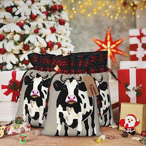 Miniatura 7 de Bolsas de regalo con temática navideña de punto negro de vaca, elegantes, únicas y personalizadas, bolsas de regalo reutilizables con cordón