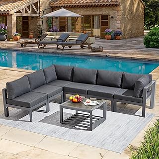 7 Pcs Metal Aluminum Patio Furniture Set Adjustable Corner Sofa with Cof...