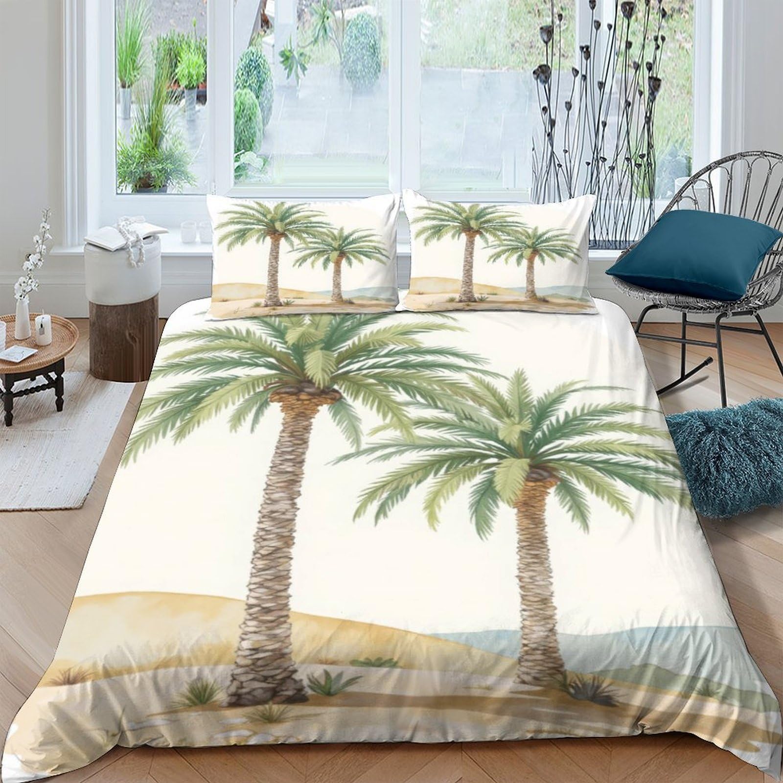 GPLZQXKJNH 3D Printed Palm Tree Beach Duvet Cover Microfiber Soft Desert Oasis Bedding Set with 2 Pillowcases for Bedroom Home Single（135x200cm）