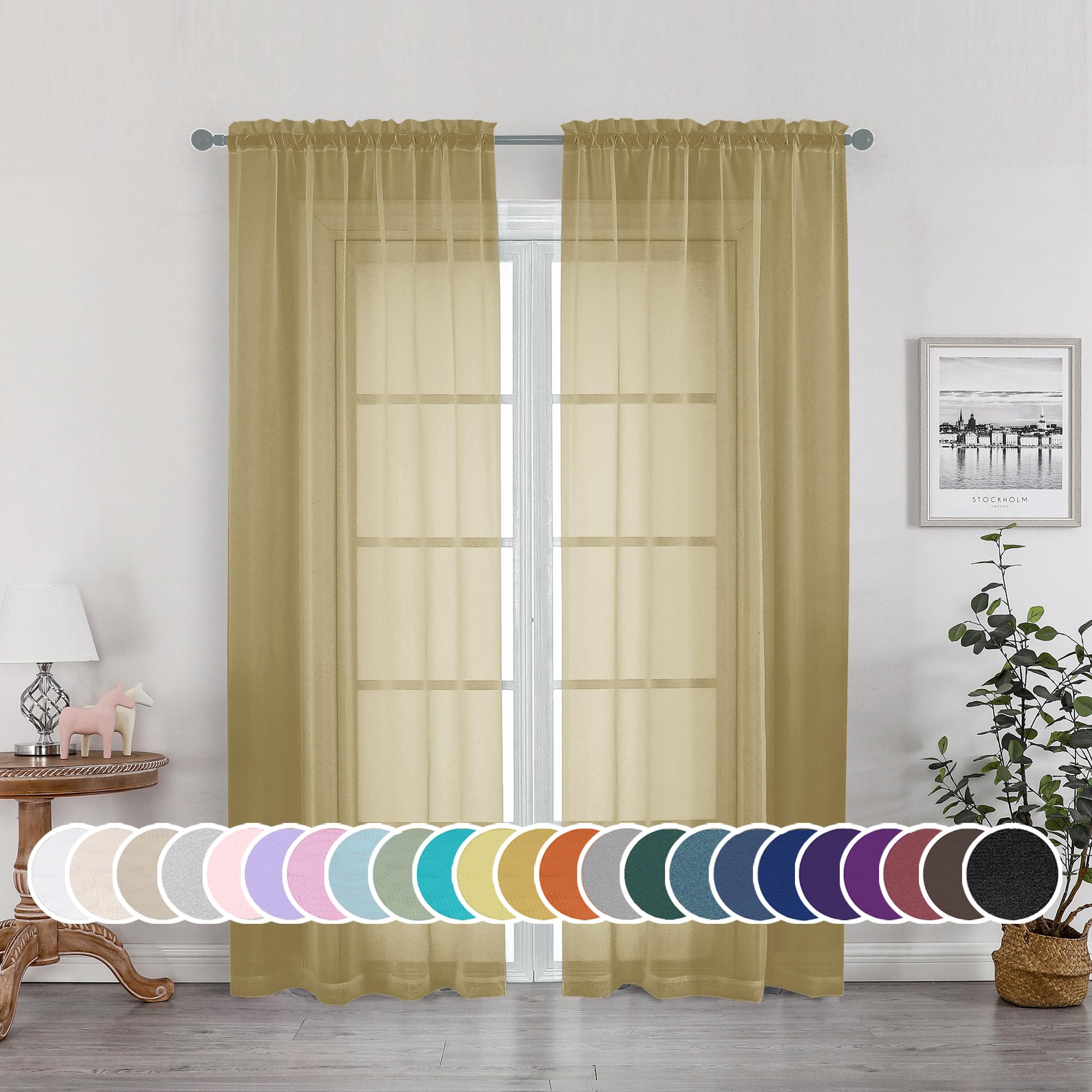 OWENIE Gold Sheer Curtains 72 Inches Long 2 Panels Set, Transparent Light Filtering Sheer Curtain Rod Pocket Clear Drapes for Living Room Bedroom