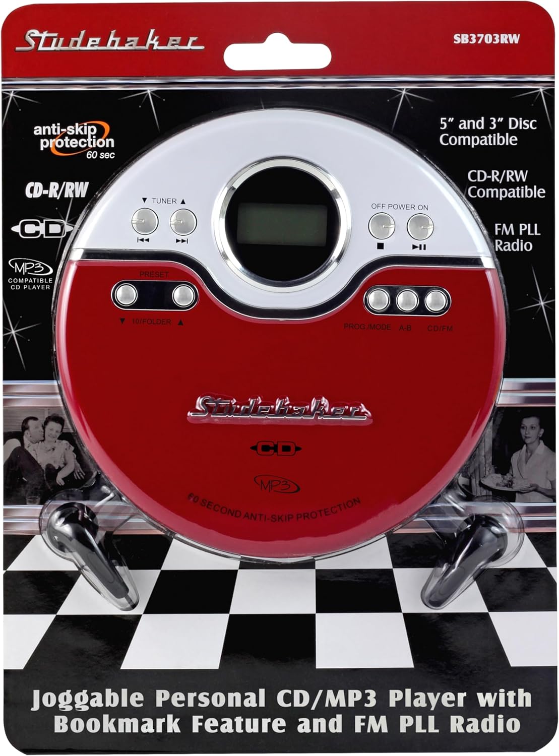 Studebaker SB3703RB Joggable Personal CD/MP3 Player with Audio Book Compatibility, Bookmark Feature and FM PLL Radio - Red/Black