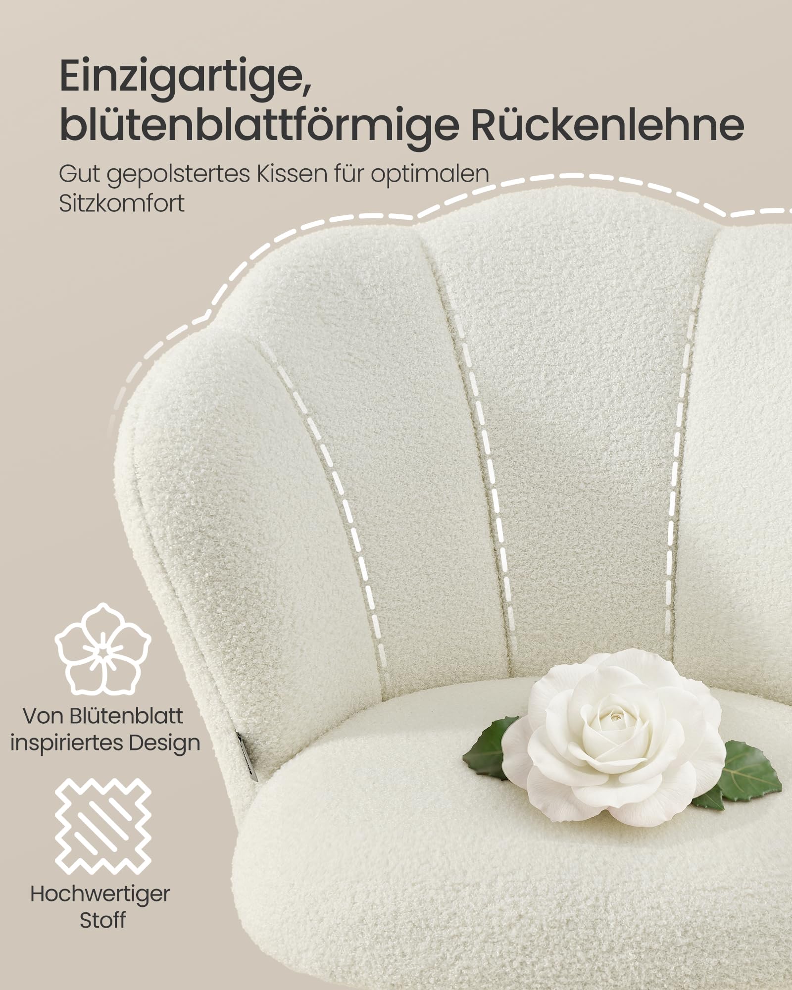 SONGMICS Bürostuhl drehbar, Schminktischstuhl, Fleece, bis zu 110 kg belastbar, Blütenblatt-Rückenlehne, höhenverstellbar, für Wohnzimmer, Schlafzimmer, cremeweiß OBG030WD01