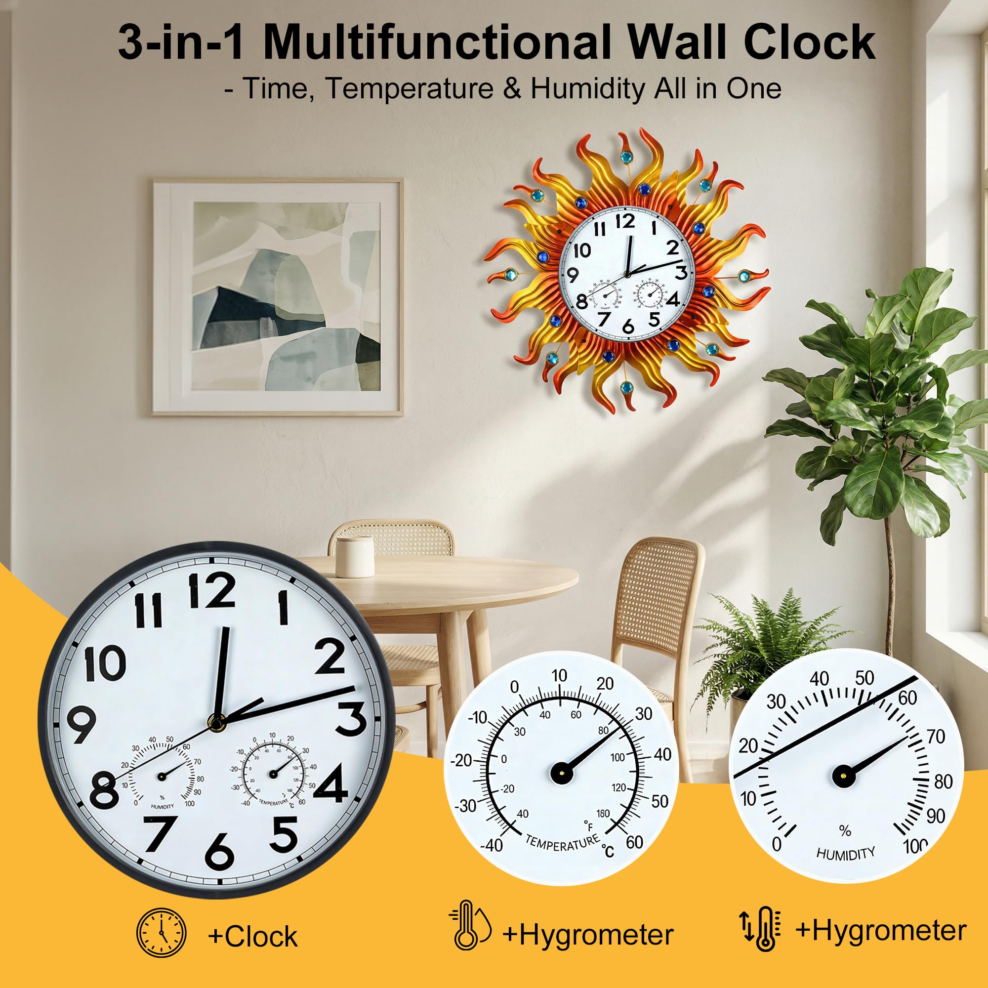 shumi Grande horloge murale d'extérieur avec thermomètre et hygromètre, horloge murale décorative silencieuse sans tic-tac pour terrasse, piscine et salle de bain