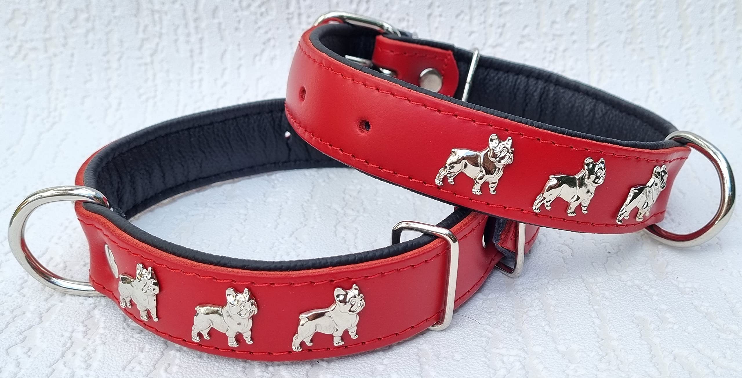 Leder-Halsband Für Französische Bulldogge – Mit Bully-Applikation, Verstellbar, Schwarz-rosa (3 Größen)