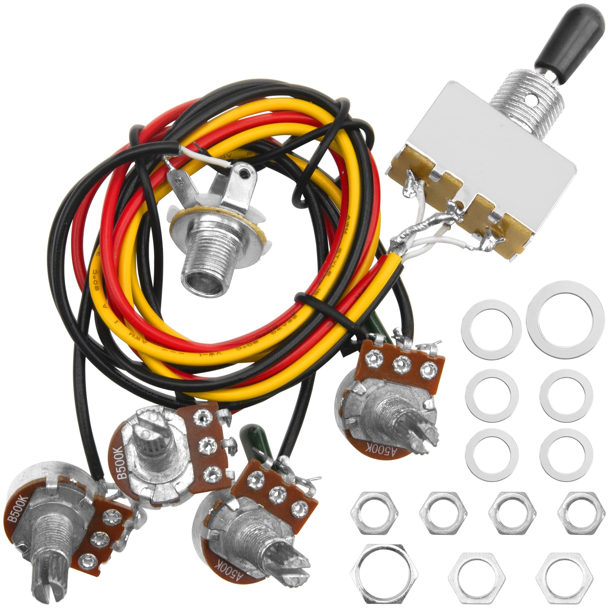 1Pcs Yootones Electric Guitar Wiring Harness Kit 2V2T, 2 Volume 2 Tone Prewired 500K Pots 3 Way Switch Socket Compatible with Les Paul LP Electric Guitar (Black)