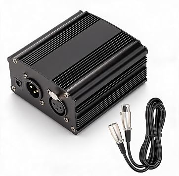 48V Power Supply, Professional Aluminum Alloy Stable Performance Condenser Microphone Power Supply with XLR Cable for Music Recording Equipment Black