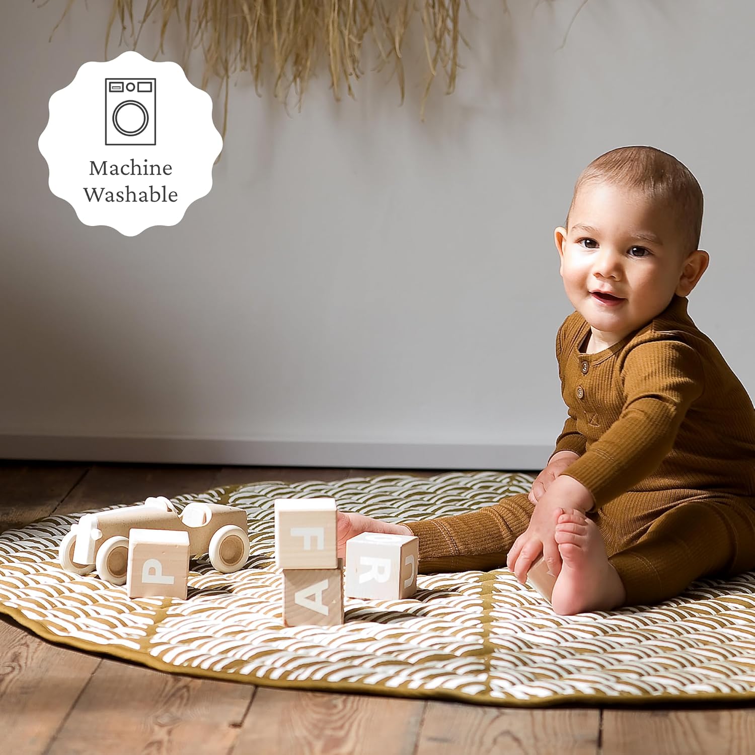 Toddlekind 100% Organic Cotton 48" Reversible Quilted Luxe Play Mat for Babies/Toddlers, Multifunctional, Sand Castle (Ochre/Gold)