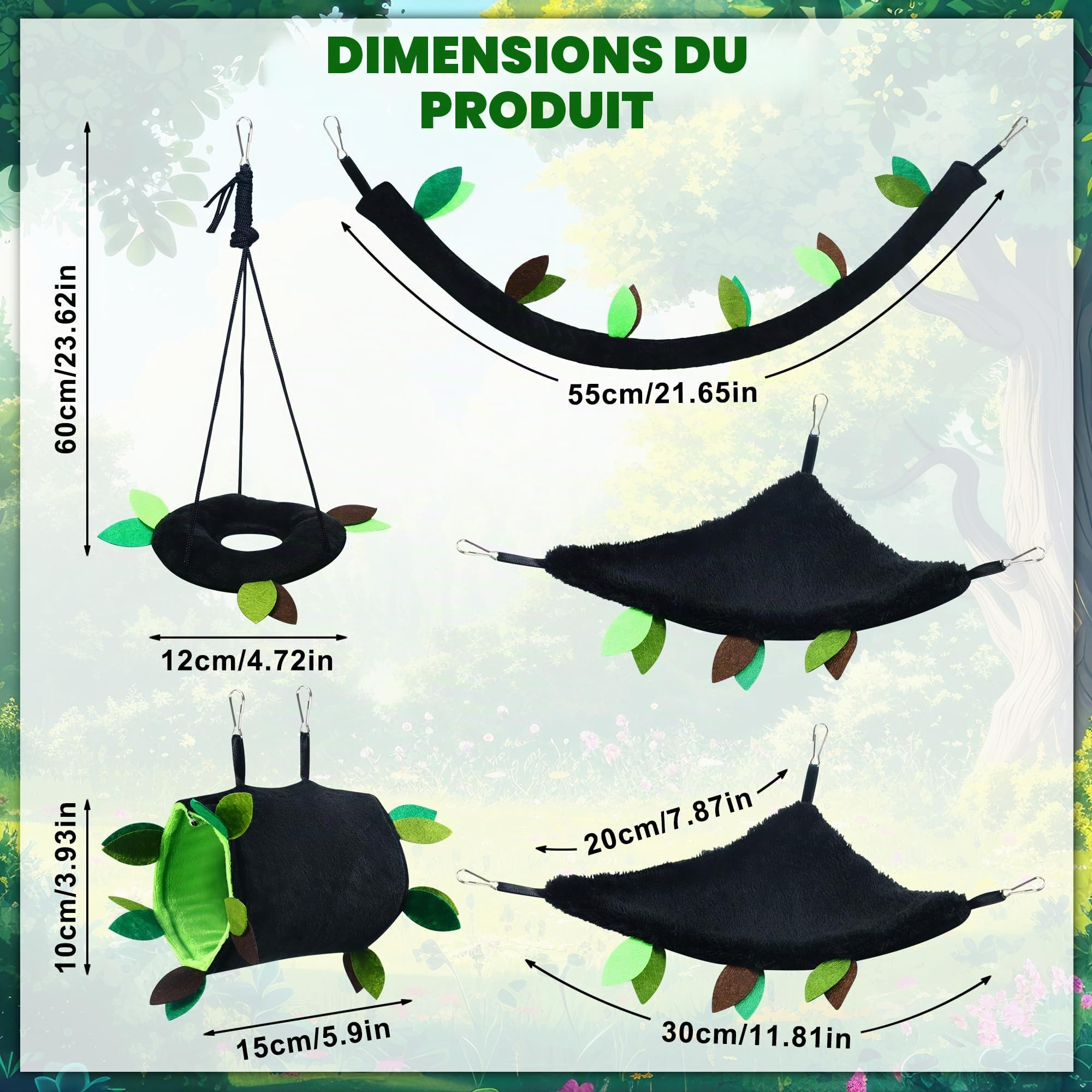 Lot de 5 hamsters à suspendre pour hamster, rat, cochon d'Inde, cage jouet accessoire de cage à motif forêt, tunnel et balançoire pour petits animaux, planeur, écureuil jouant au sommeil (noir)