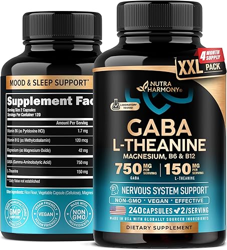 GABA L-teanina 900 mg - Hecho en Estados Unidos - Magnesio  Vitamina B6 - Calma, sueño, relajación y apoyo del estado de ánimo - 750 mg de ácido