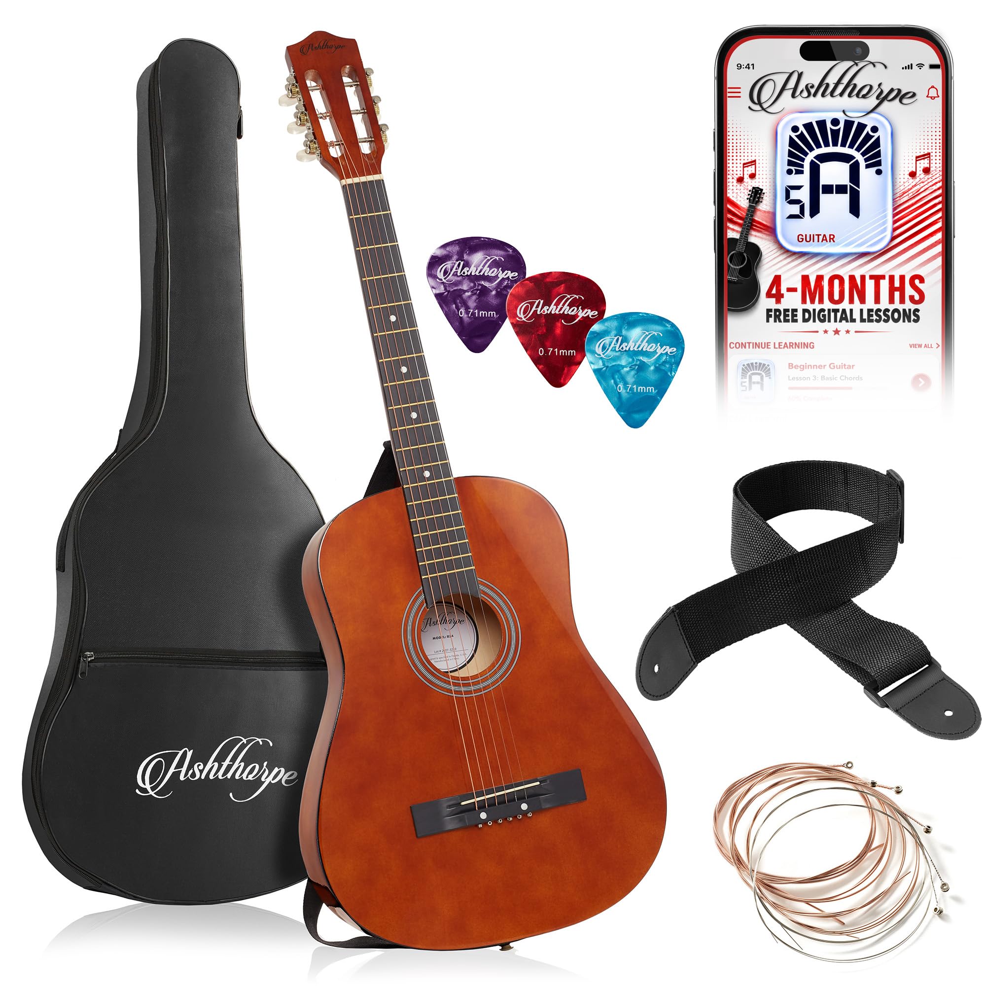 Ashthorpe 38-inch Beginner Acoustic Guitar (Brown), Starter Kit with Gig Bag, Extra Strings, Strap, Picks, and Lessons