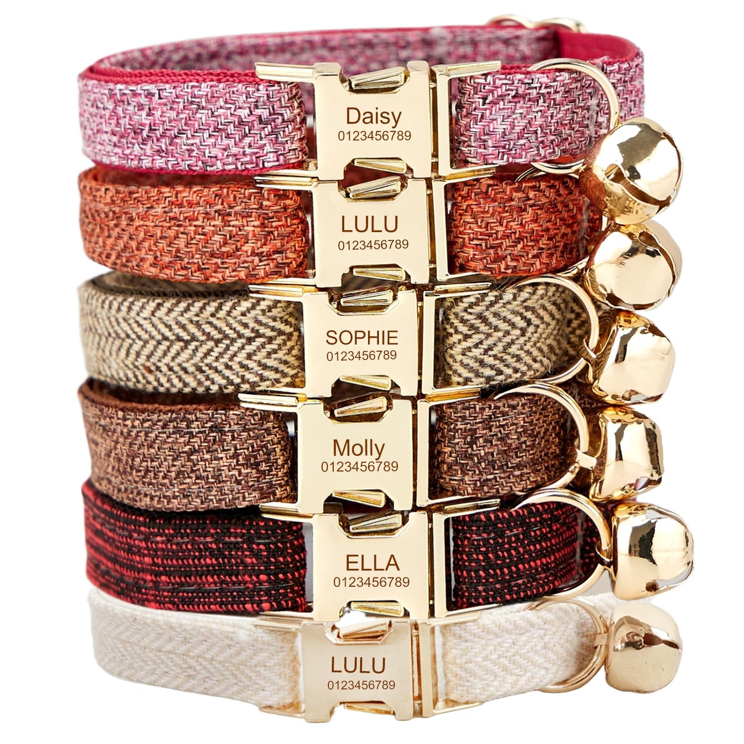 Personalized Cat Collar – Custom Engraved Name & Phone Number, Soft Adjustable Fabric, Secure Metal Buckle (Tweed)
