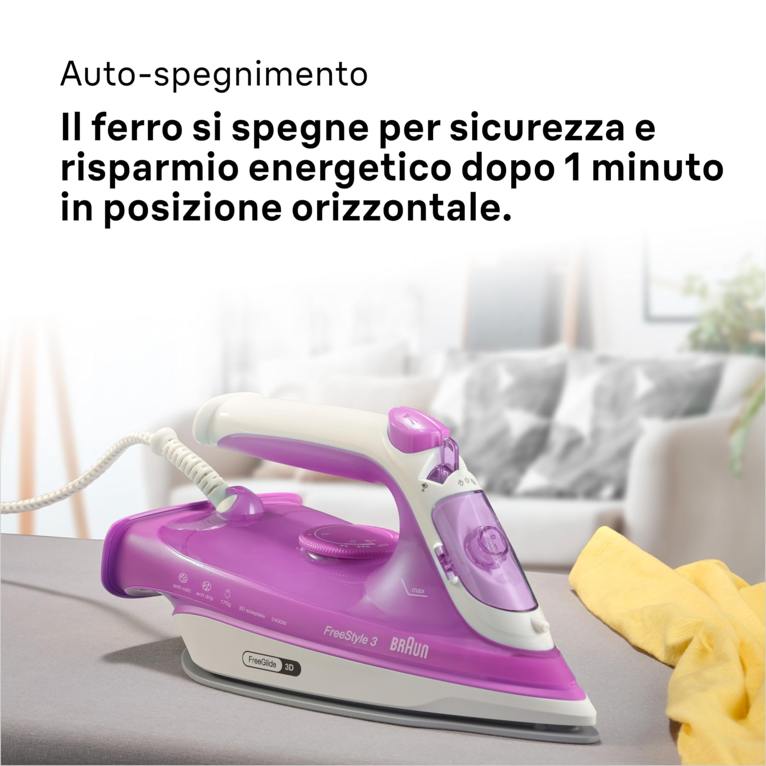 Braun FreeStyle3 FI3124PU Ferro da Stiro con 5 Anni di Assistenza, MODALITA' ECOMODE Risparmio Energetico, Tecnologia FreeGlide 3D, vapore 170g/min, AutoSpegnimento, Serbatoio acqua 270ml, 2700W,Viola