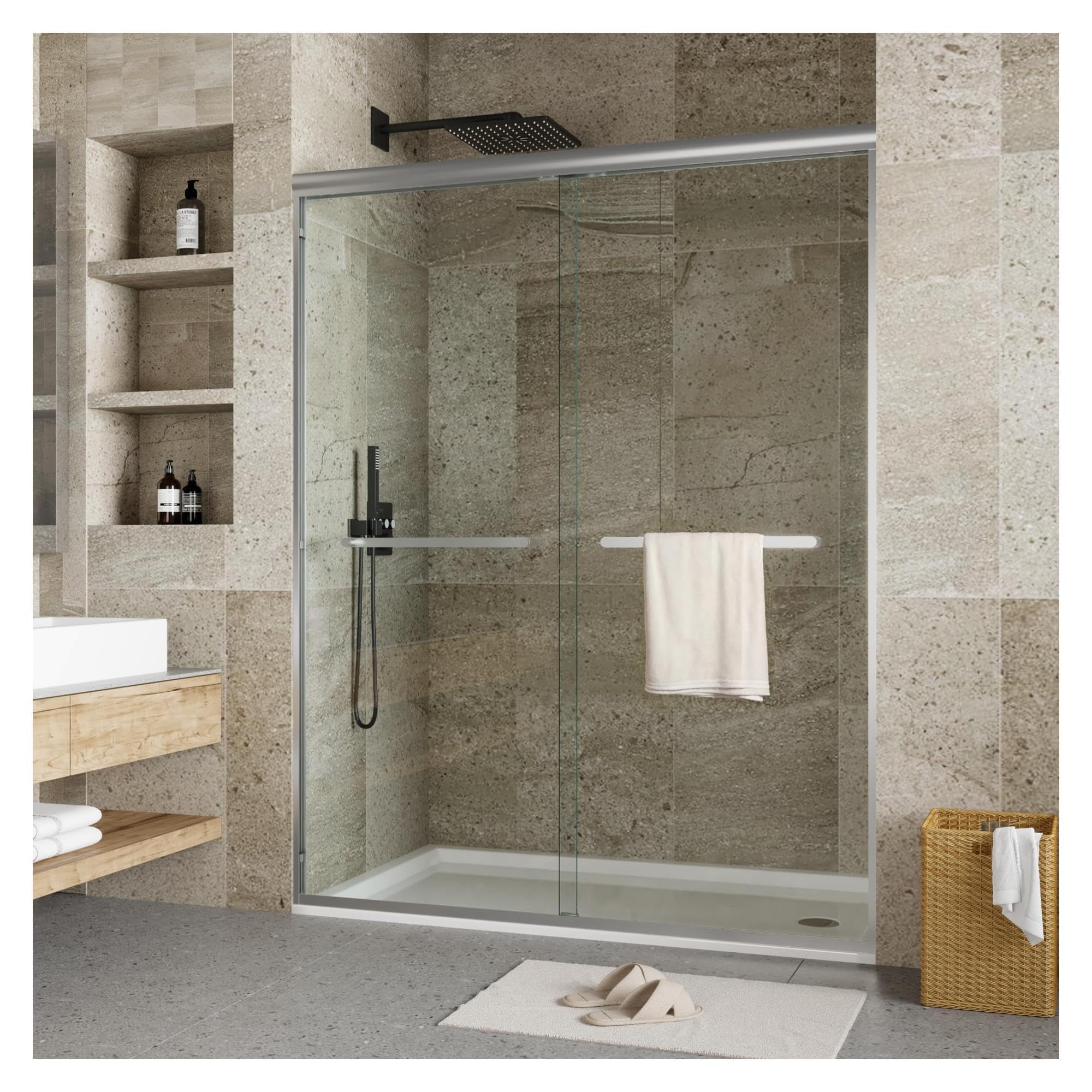 56"-60" W x 72" h Double Sliding Shower Door - Semi-Frameless Bypass Bathroom Door with 1/4" Tempered Glass,Brushed Nickel Finish for Walk-in Shower