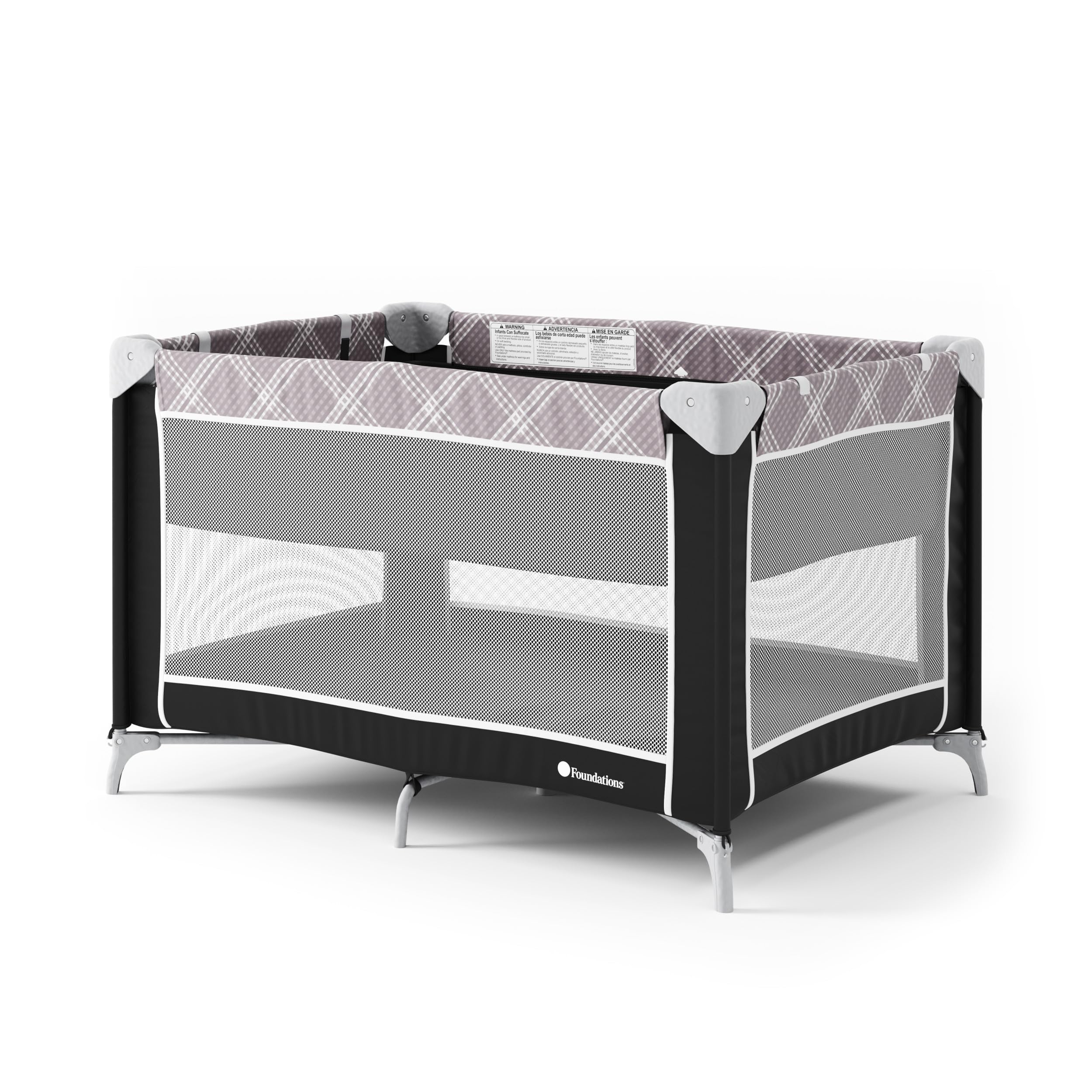 Foundations Sleep 'N Store Baby Pack & Play Yard with Bassinet for Hotel | Commercial-Grade Portable Playpen w/ Removable Bassinet, Travel Playpen with Storage Bag & Play Yard Mattress, Mod Plaid Gray