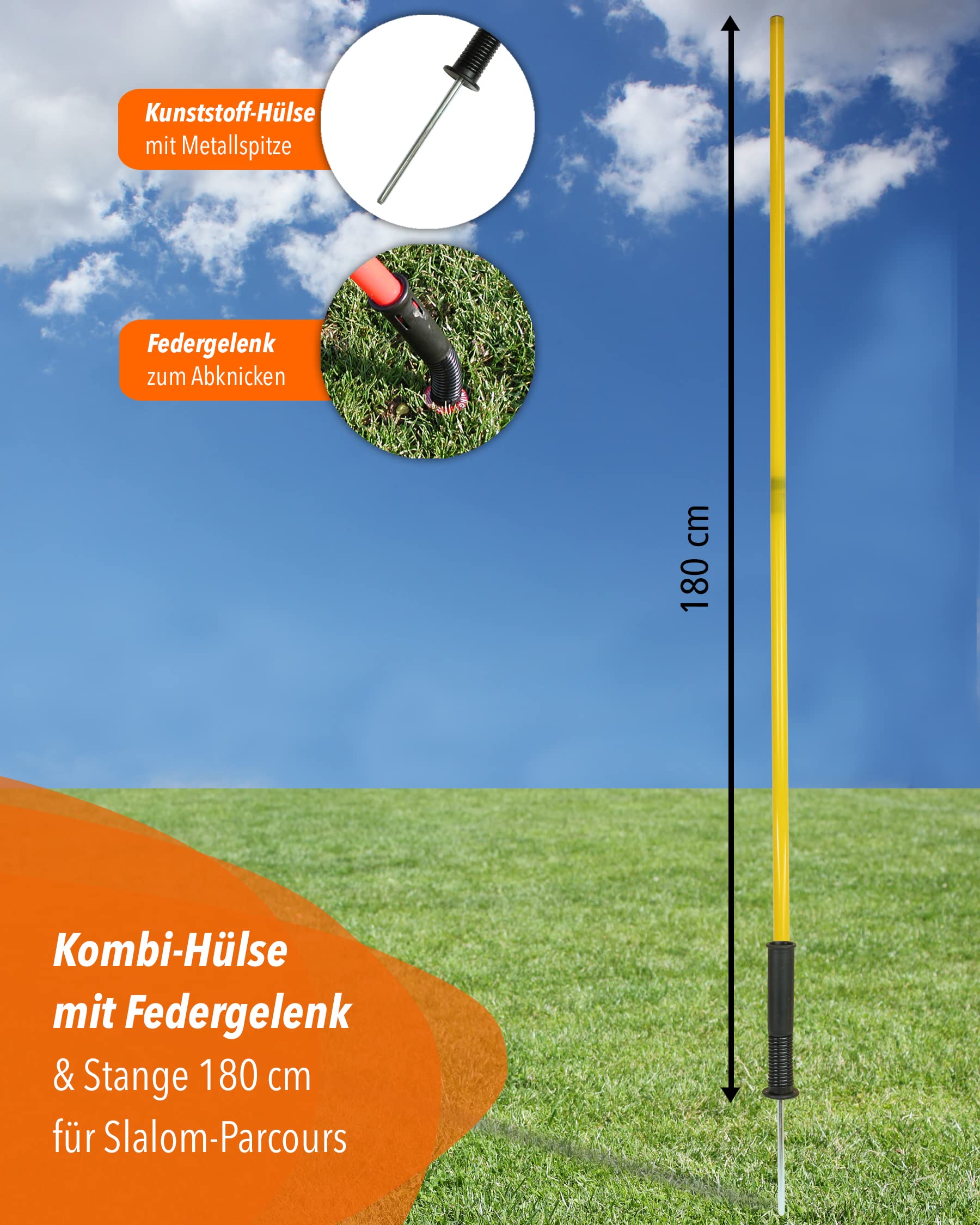 Kombi-Hülse aus Kunststoff mit Kippgelenk & Slalomstange 180 cm – 4er Set – Stange für Slalom & Koordinationstraining – für Fußball & Hundesport – Slalom-Set