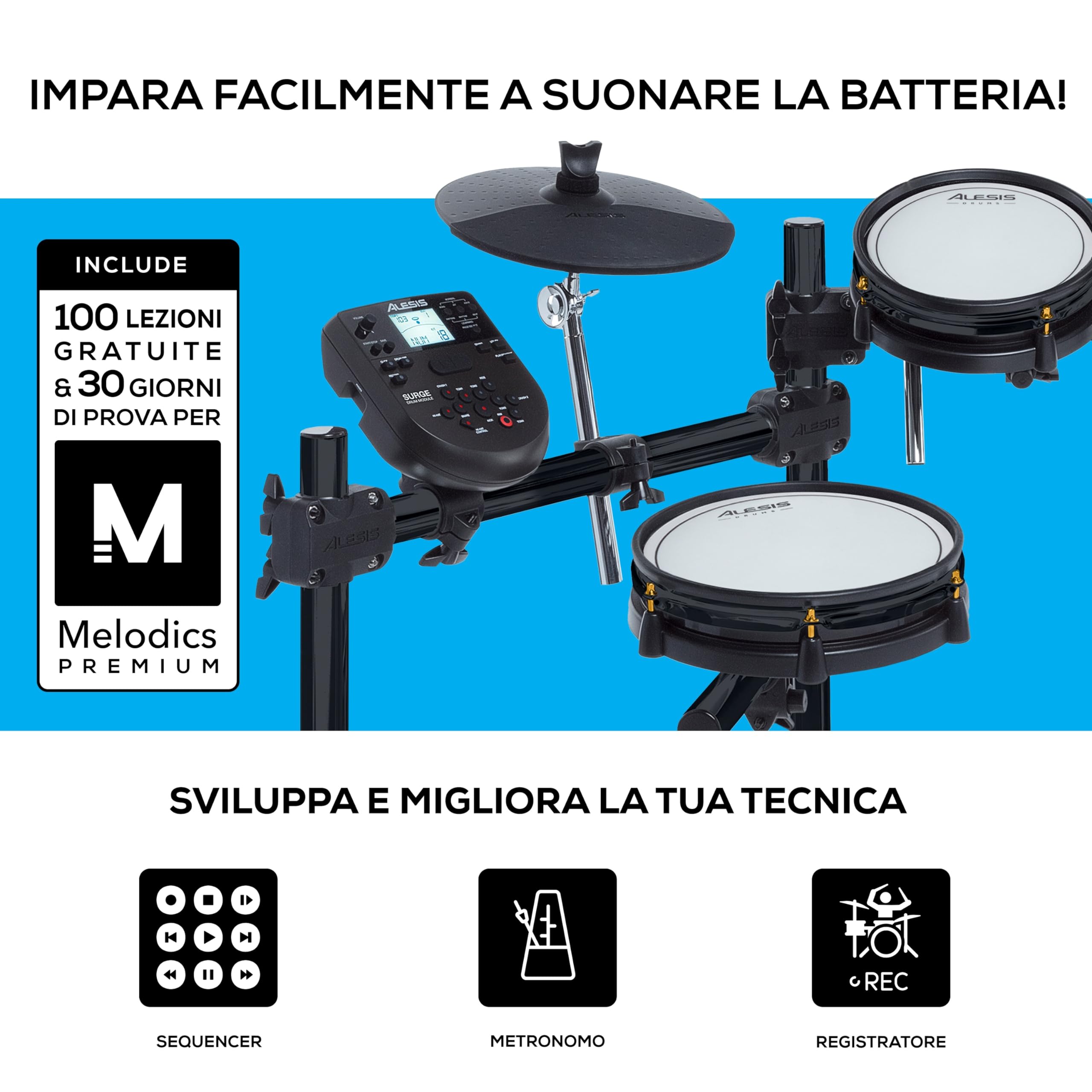 Alesis Surge SE Kit – Batteria Elettronica con Pelli Mesh, Connettività USB MIDI e Modulo con 40 Kit, 385 Suoni e 60 Basi