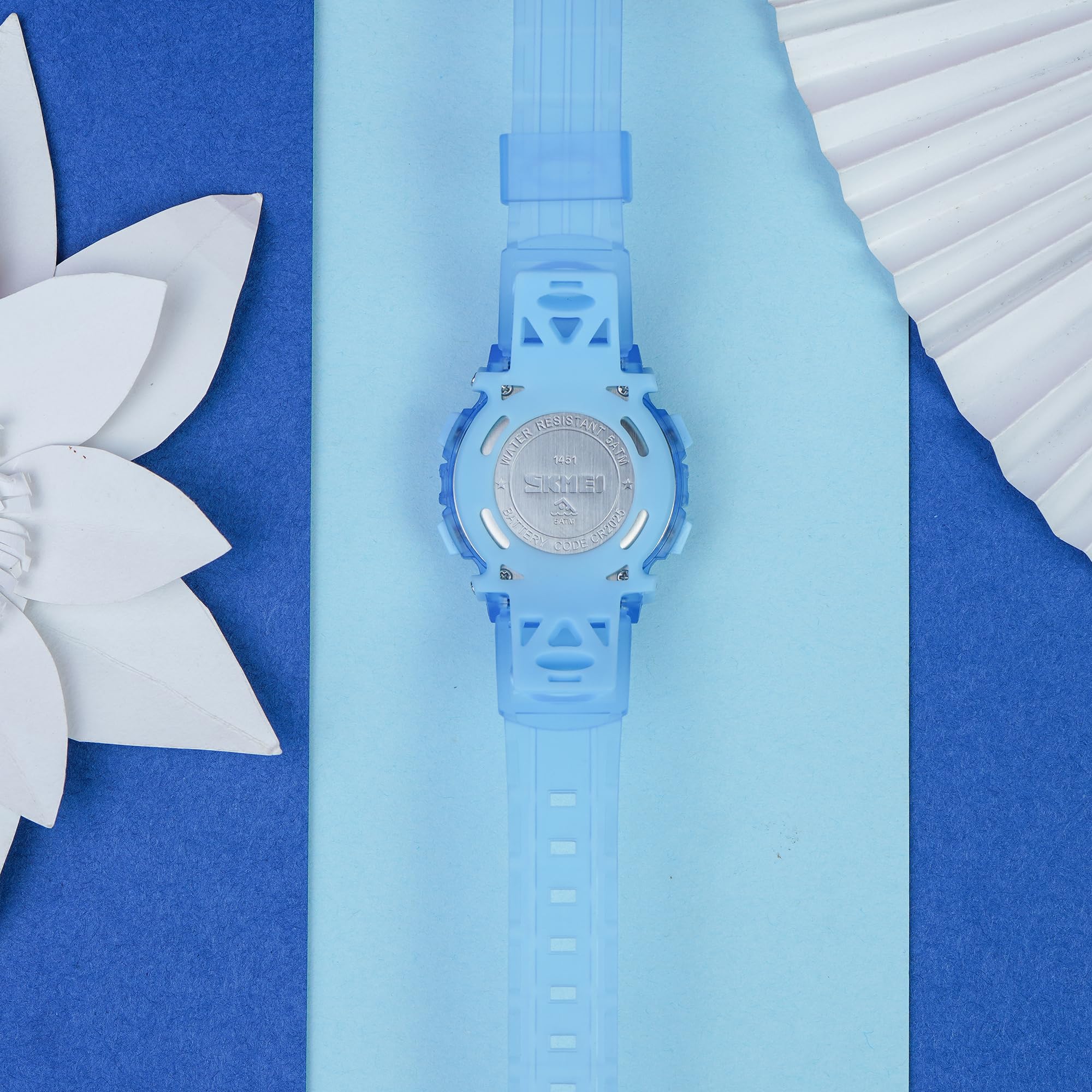 SKMEI Kids Sports Multi Function Digital Watch, White Dial Blue ABS Case Kid's Watch, Transparent Powder Blue Color PU Rubber Band, LED Light Children Wristwatches for Boys Girls-1451 (PowderBlue) 1