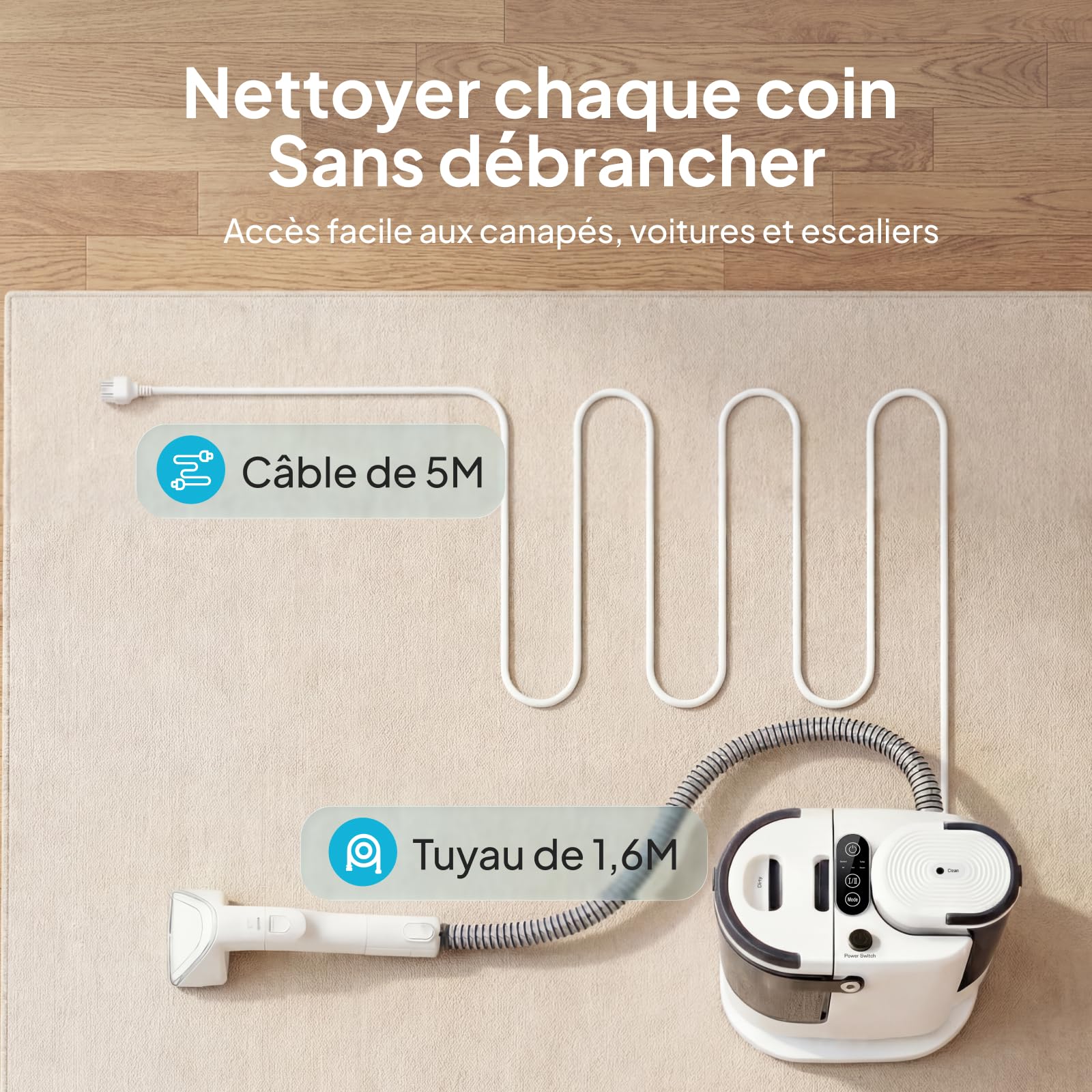 Livatro Shampouineuse Canapé, 1700W Nettoyeur Canapé Tissu, 15KPa Nettoyeur Vapeur Pour Canapé, Double Réservoir 1,6 L + 1,2 L, Fonction Autonettoyante,Injecteur Extracteur Pour Canape,Tissus,Voiture