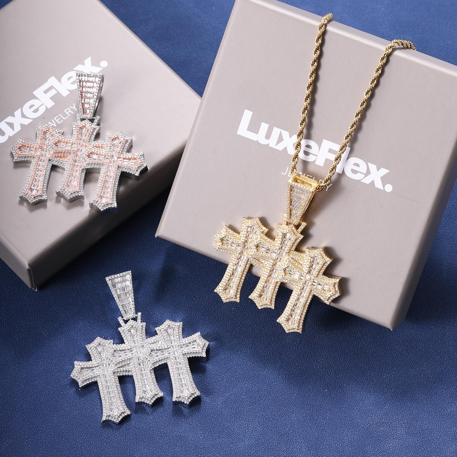 LuxeFlex Iced Out Baguette Diamond Cross Pendant, 14K Gold Plated Religious Three Stacked up Gothic Cross Necklace, Hip-Hop Jewelry for Men Women