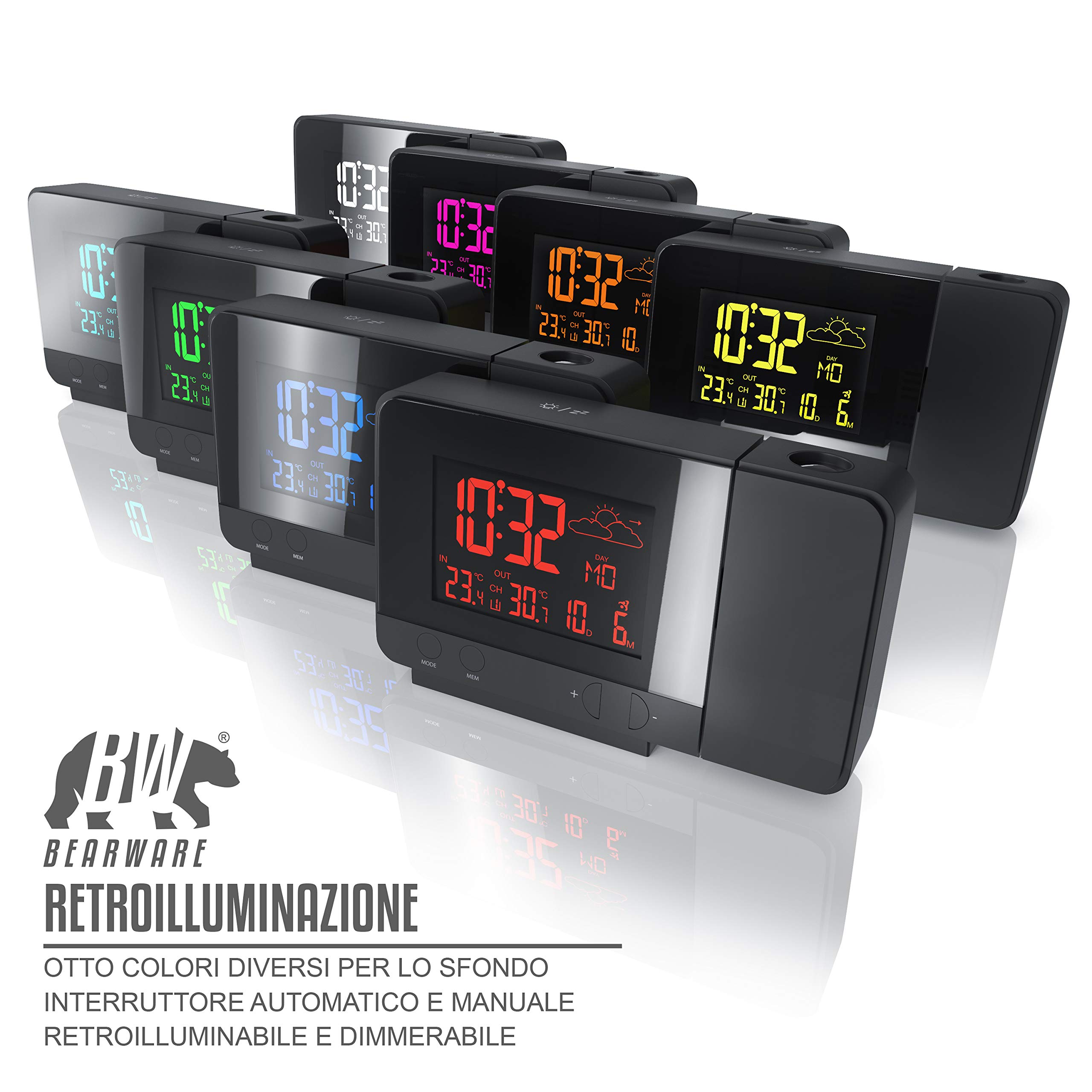 Stazione Meteo e Sveglia Senza Fili con proiezione a Muro e sensore Esterno - Orologio DCF - Presa USB - 2 Allarmi - Display a 8 Colori - Previsioni Meteo - con Batteria Anti Black out