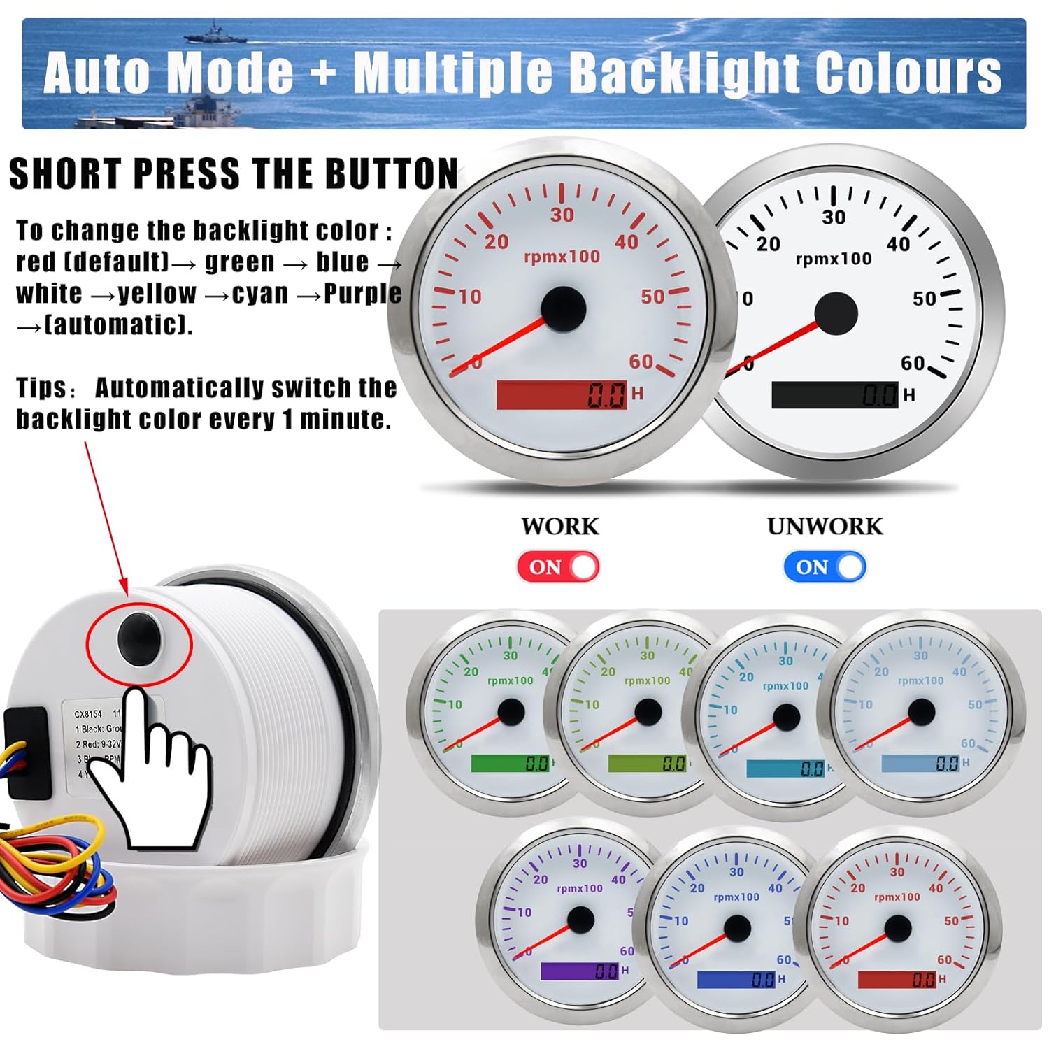 Geloo Tachometer Gauge showing backlight color change button and various backlight colors