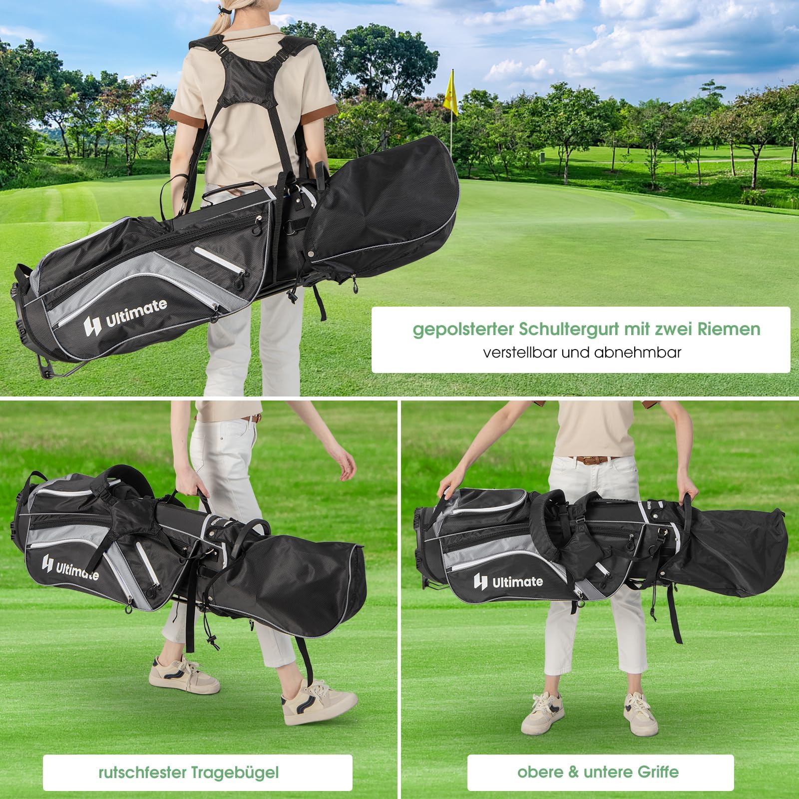 GYMAX Bolsa para Palos de Golf con Divisores de 14 Vías y 6 Bolsillos, Liviana con Soporte, Bolsa Refrigeradora, Correa Doble, Capota para Lluvia, Soporte para Paraguas y Asas de Transporte