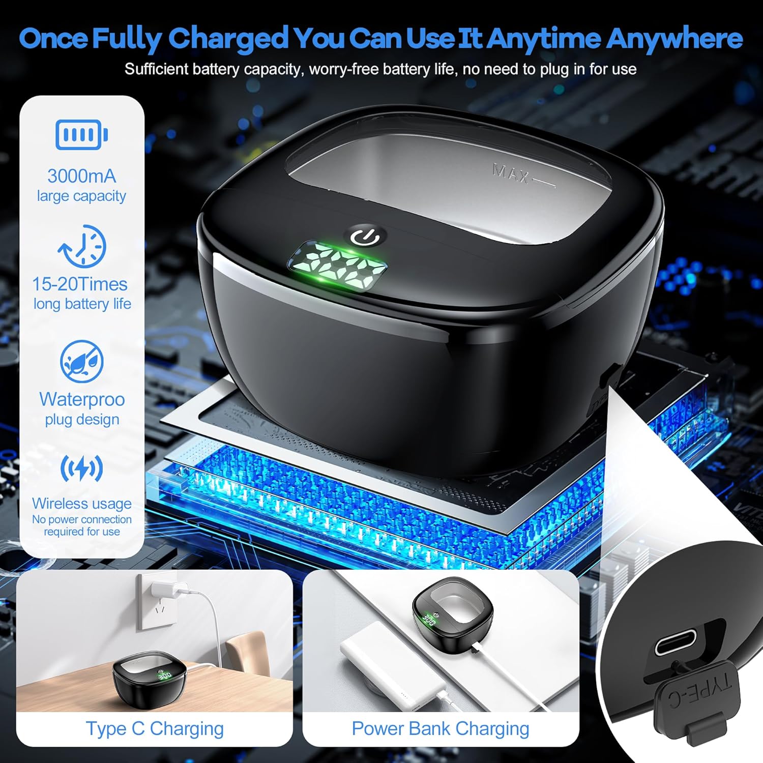 Wireless Ultrasonic Retainer Cleaner, Rechargeable Ultrasonic Cleaning Machine for Dentures, Retainer, Aligner, Mouthguards and Toothbrush Head, 43kHz Portable Ultra Sonic Jewelry Dental Clean Pod - Image 3