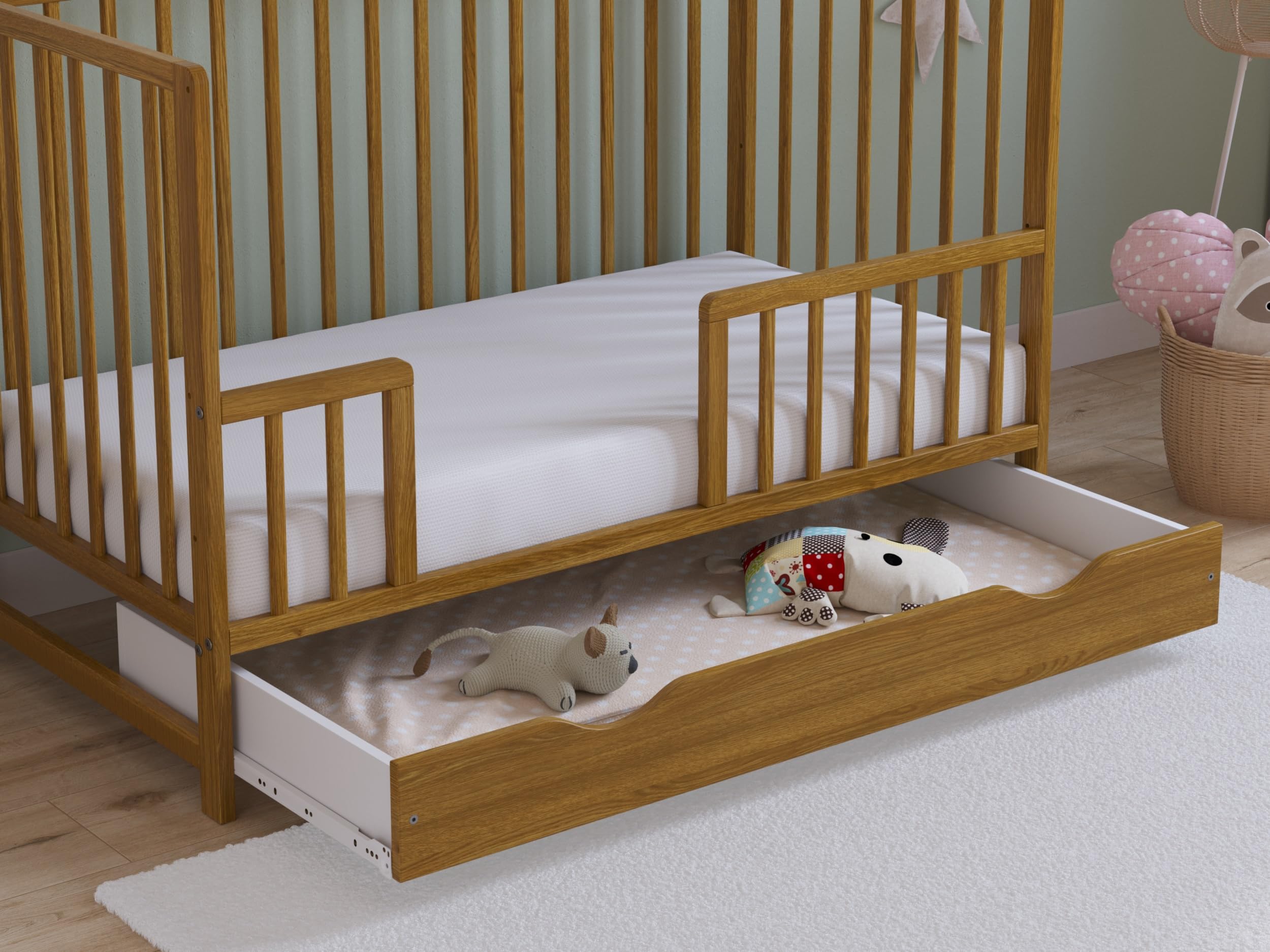 Love For Sleep Asher Lit Bébé 120x60 cm avec Matelas en Mousse Microfibre Matelassée – Lit Enfant en Bois Convertible avec Grand Tiroir et Barrière de Sécurité Incluse Chêne Doré