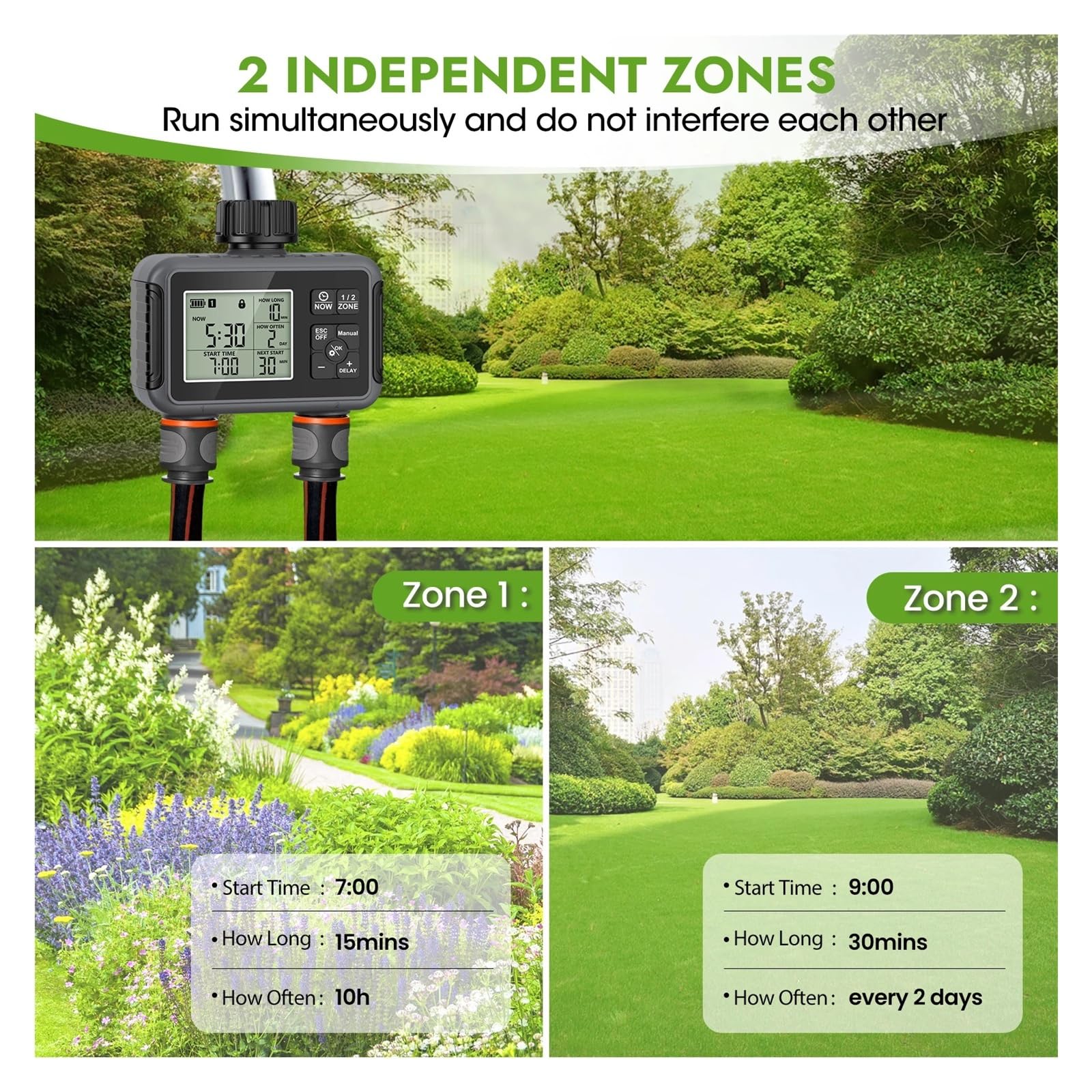Temporizador de aspersor de 2 zonas programable IPX5 riego de jardín | Temporizador programable for sistemas de riego por goteo y césped.(G thread)
