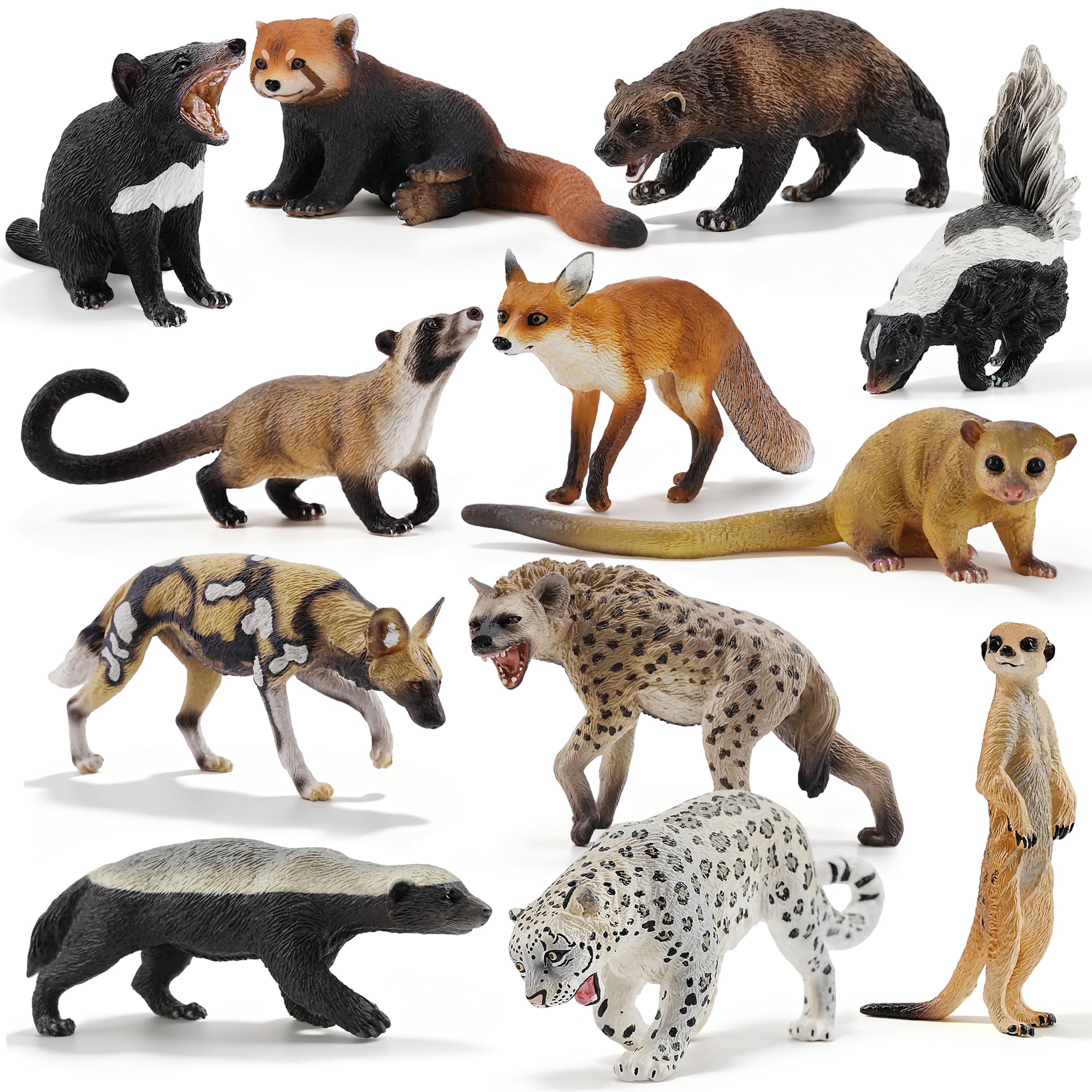 12PCS Realistic Wild Animal Figurines, Carnivore Animal Set with Meerkat, Red Panda and Snow Leopard Figures, Safari Animal Educational Toy Cake Topper Christmas Birthday Gift for Kids