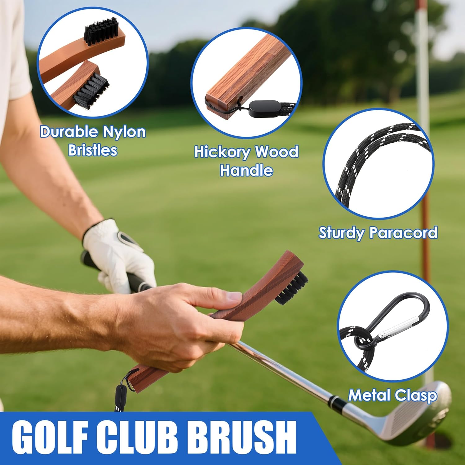 Feekoon 4 Pack Golf Brush Made from Hickory Wood, Club Groove Cleaner with Rope and Metal Clasp, Nylon Bristles Brush for Cleaning Grooves on Clubs Accessories, Golf Gifts for Men Women - Image 3