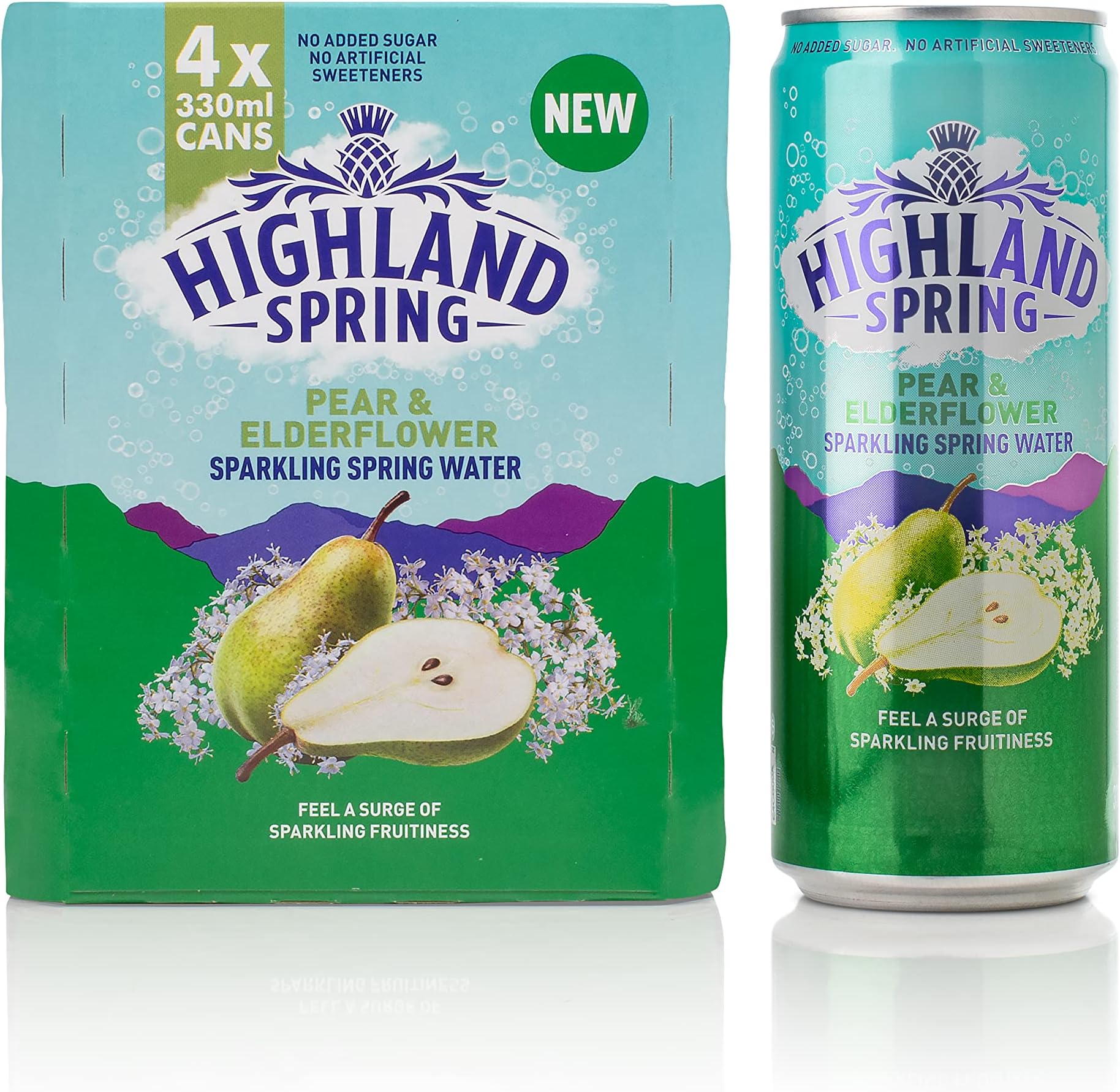 Highland Spring Pear and Elderflower Cans Sparkling Water, 4 x 330ml
