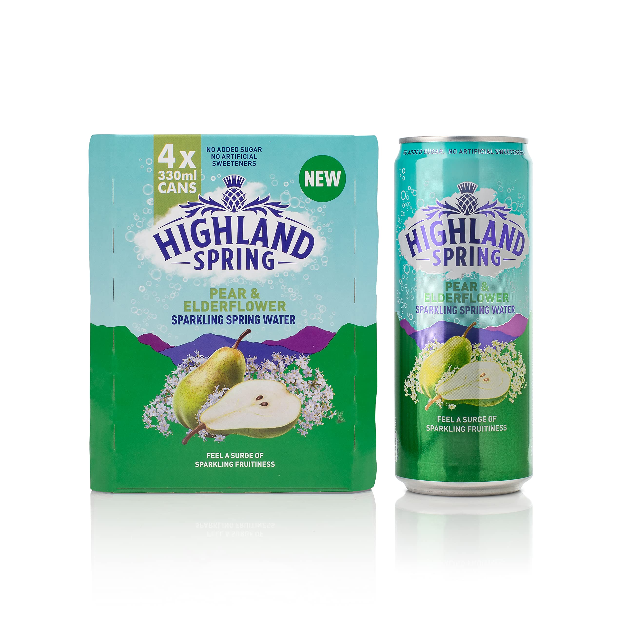 Highland Spring Pear and Elderflower Cans Sparkling Water, 4 x 330ml