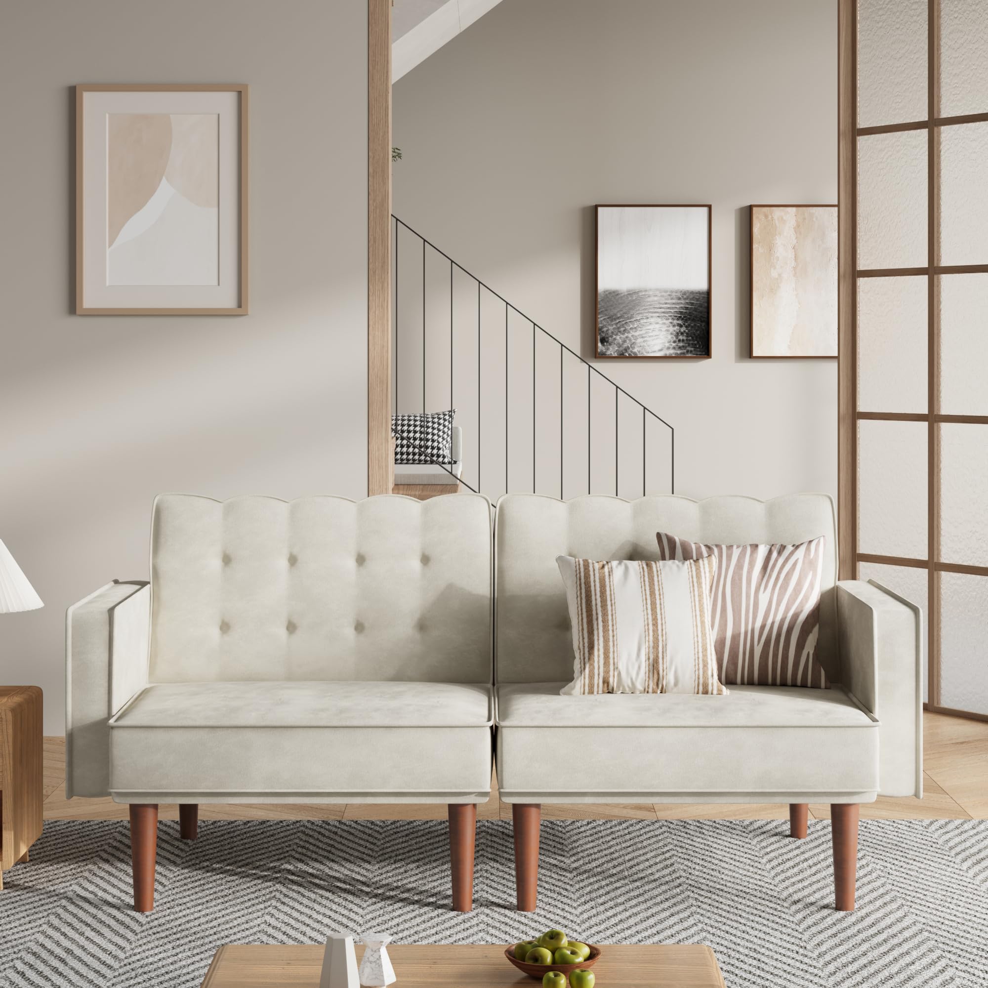 Furnify 71" Velvet Futon Sofa Bed, Versatile Loveseat Couch, Sleeper Sofa with Adjustable Backrest, Mid Century Modern Futon Couch for Small Space, Living Room, Office & Apartment, Velvet Fabric Beige